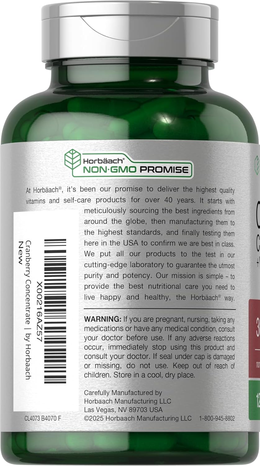 Horbäach Cranberry Concentrate Extract Pills + Vitamin C | 120 Capsules | Supplement for Women and Men | Triple Strength Ultimate Potency Formula | Non-GMO and Gluten Free