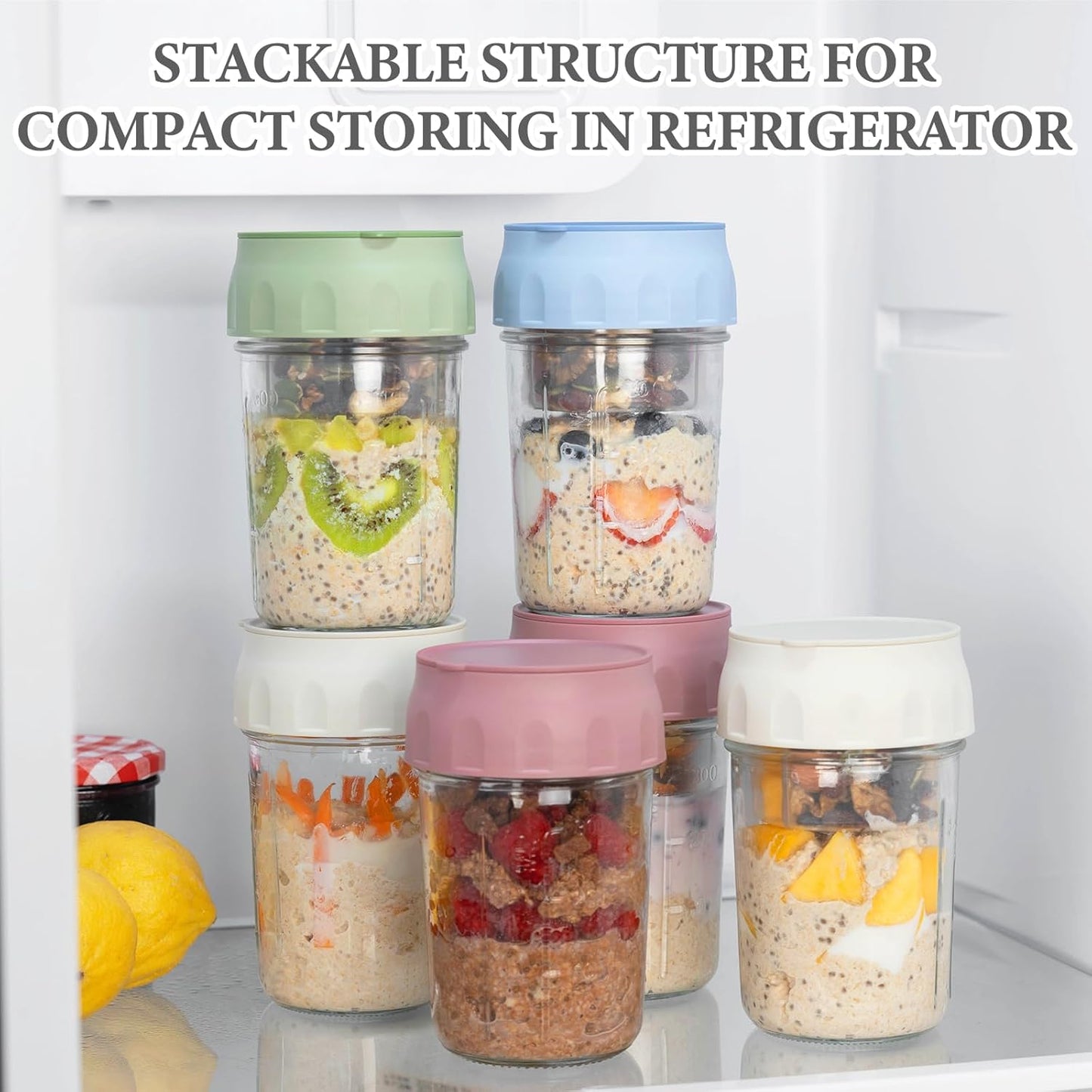SOLIGT 2 Pack Overnight Oats Containers with Lids, Folding Spoons and Divided Compartments for Fruit & Nuts, Small Glass 16oz Mason Jars for Oatmeal Yogurt Parfait (2 Set-Oat White/Oat White)