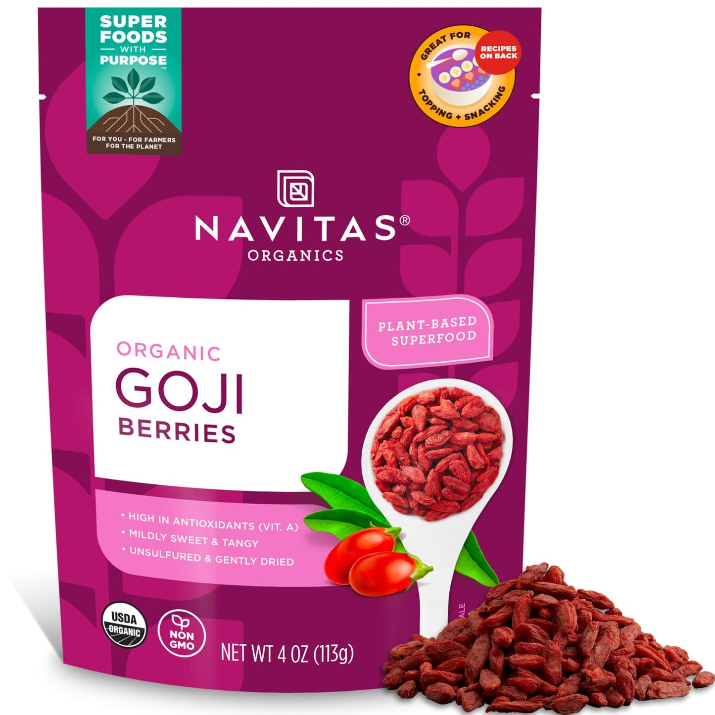 Navitas Organics Goji Berries, 8oz Bag, 8 Servings, USDA Organic, Non GMO, Gluten Free, Vegan