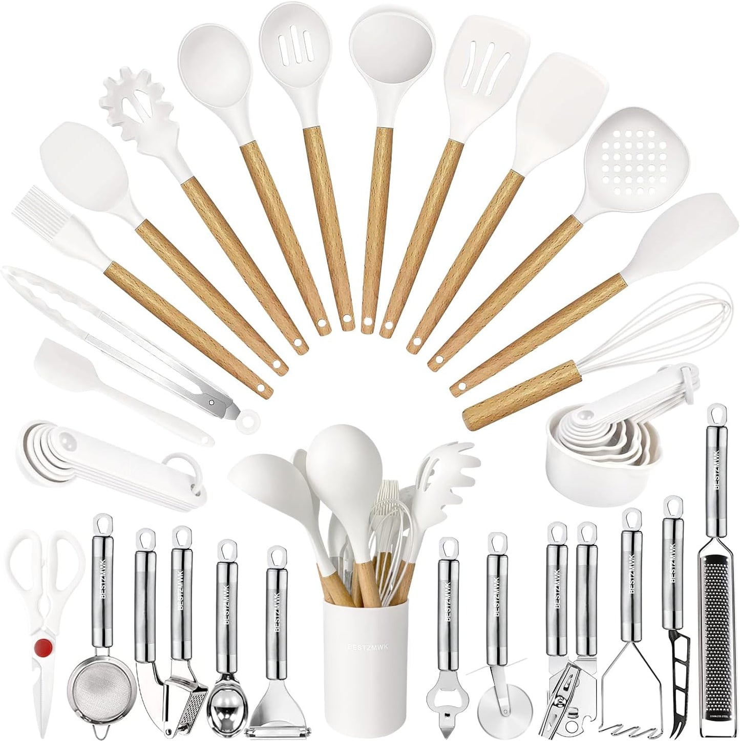 Cooking Utensils Set- 35 PCs Kitchen Utensils with Grater,Tongs, Spoon Spatula &Turner Made of Heat Resistant Food Grade Silicone and Wooden Handles Kitchen Gadgets Tools Set for Nonstick Cookware