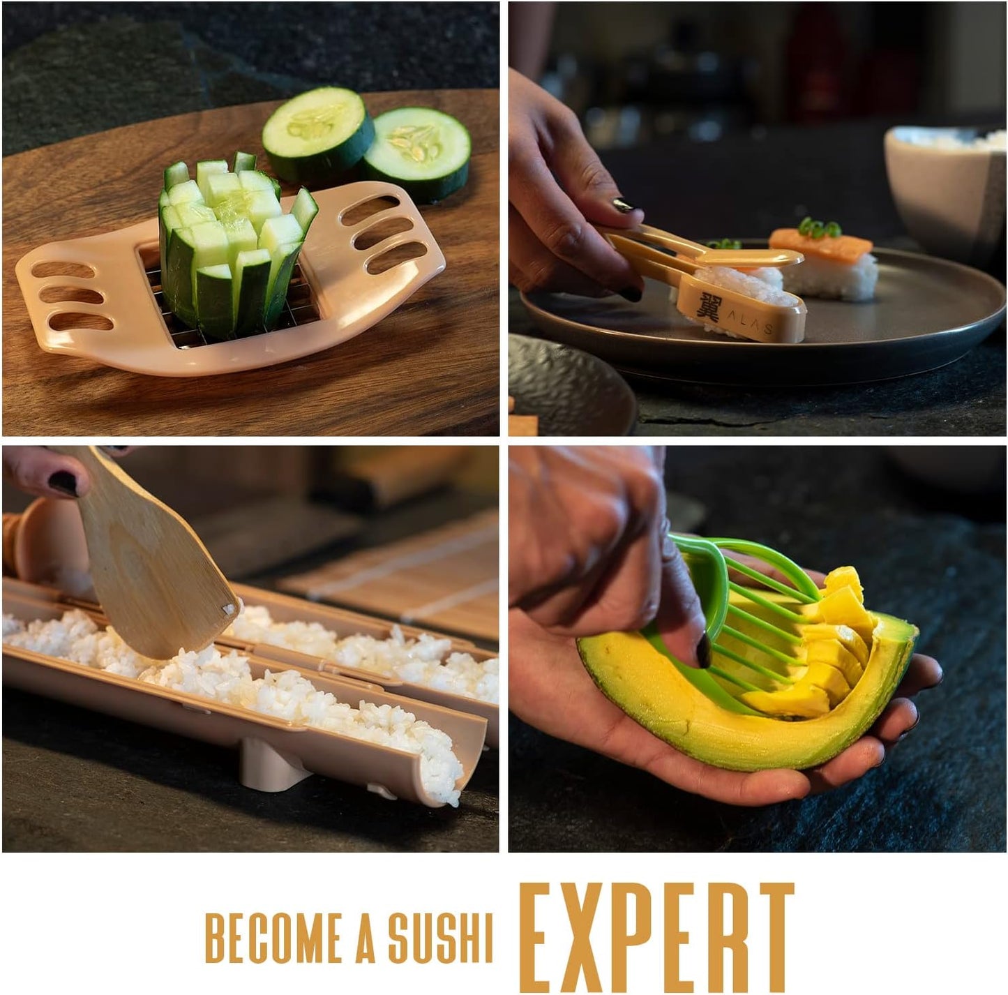 Alas Complete 20 Piece Sushi Making Set - Kit for Beginners & Pros with Knife, 2 Mats, Rice Bazooka and Dipping Plate