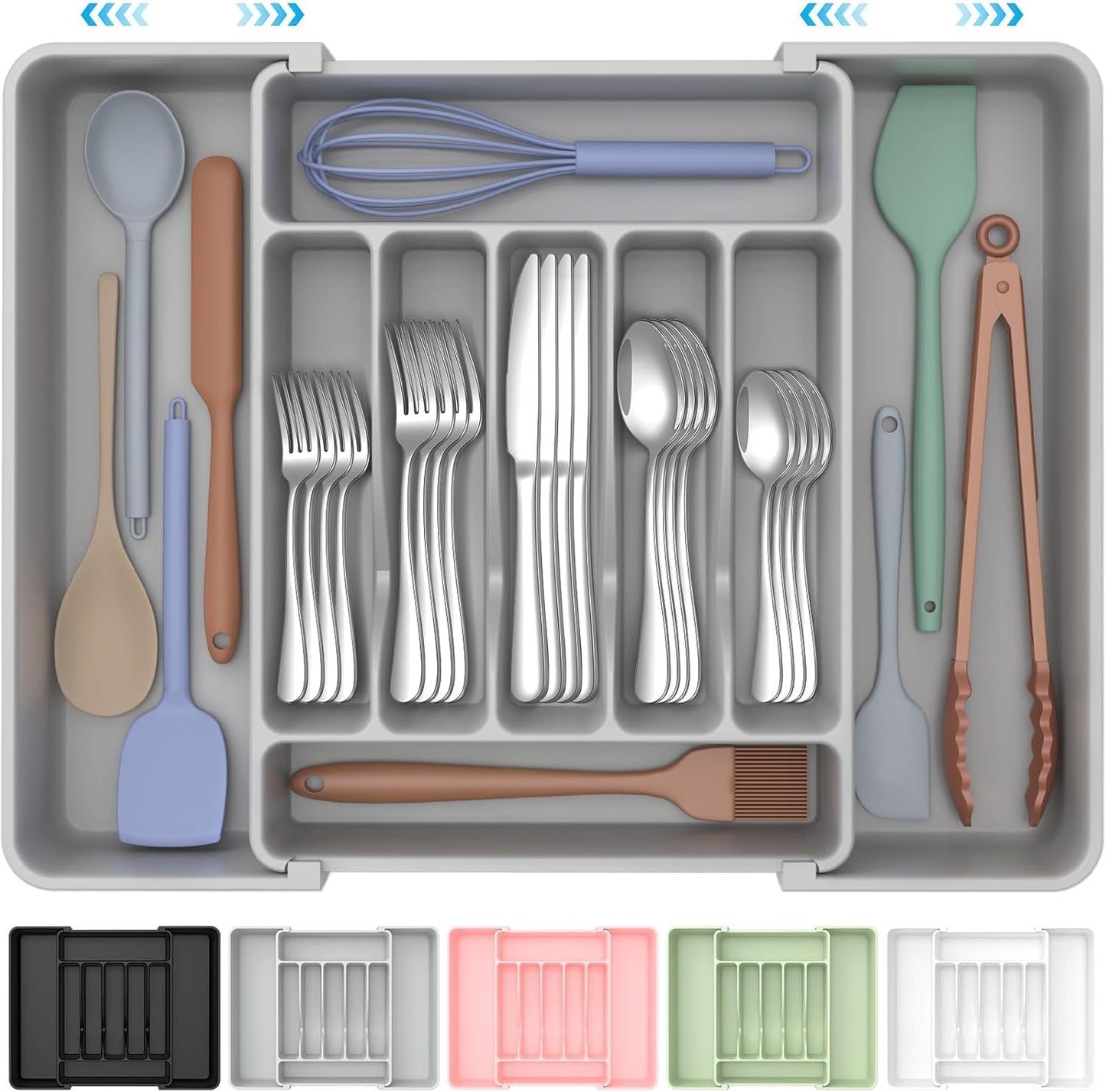 ukeetap Extra Large Expandable Silverware Organizer, BPA-Free Food-Safe Cutlery Flatware Organizer, Kitchen Utensil Drawer Organizer, Adjustable Silverware Holder for Spoons Forks Knives, Black