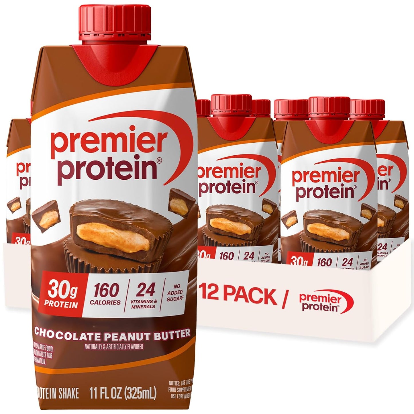 Premier Protein Shake, Chocolate, 30g Protein, No Added Sugar, 24 Vitamins & Minerals to Support Immune Health, 11 fl oz, 12 Pack