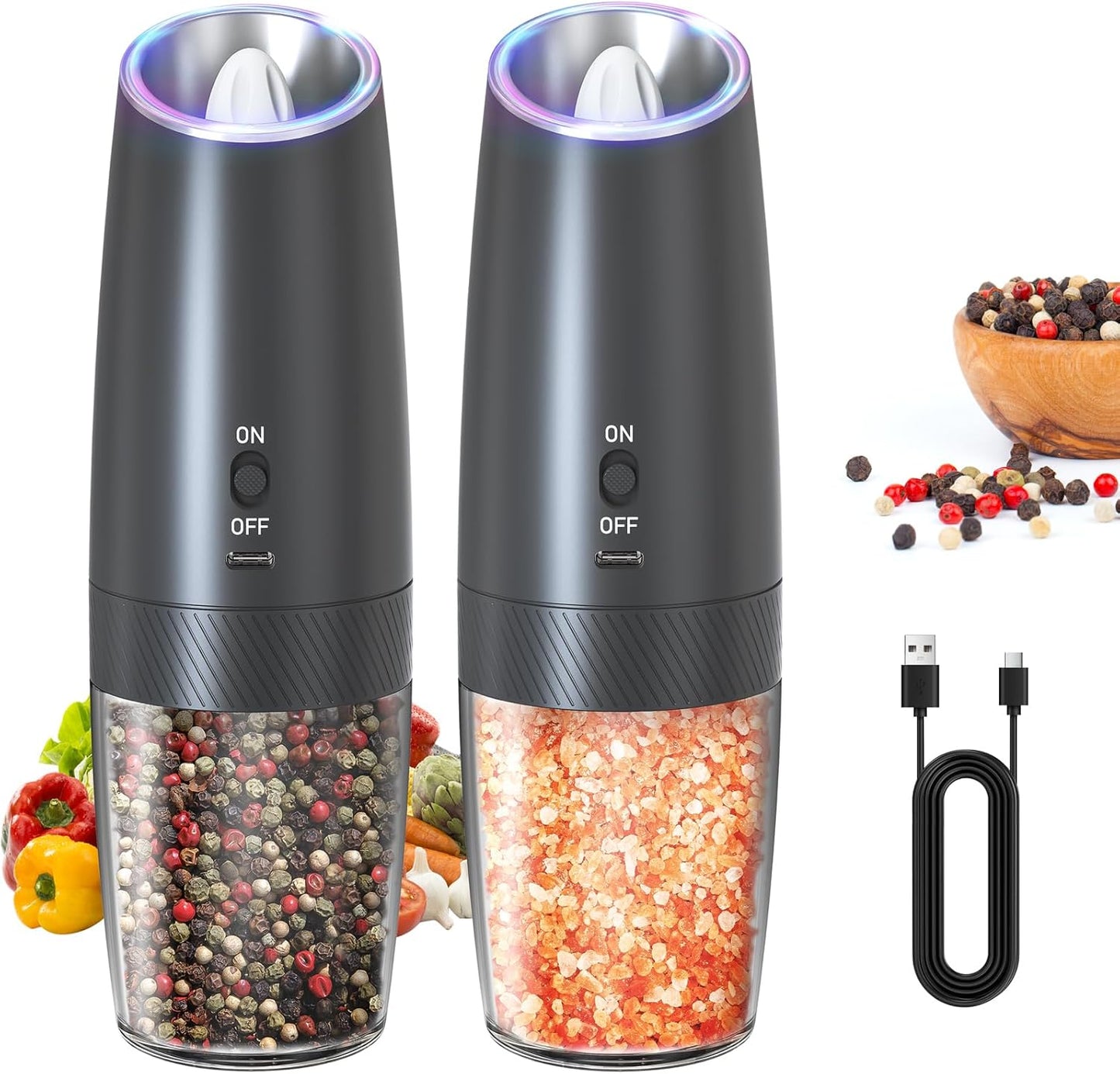 CIRCLE JOY Gravity Electric Salt and Pepper Grinder Set Automatic Salt and Pepper Grinder Set with LED Light, Battery Operated, Adjustable Coarseness, Large Capacity, for Home Kitchen BBQ, Black
