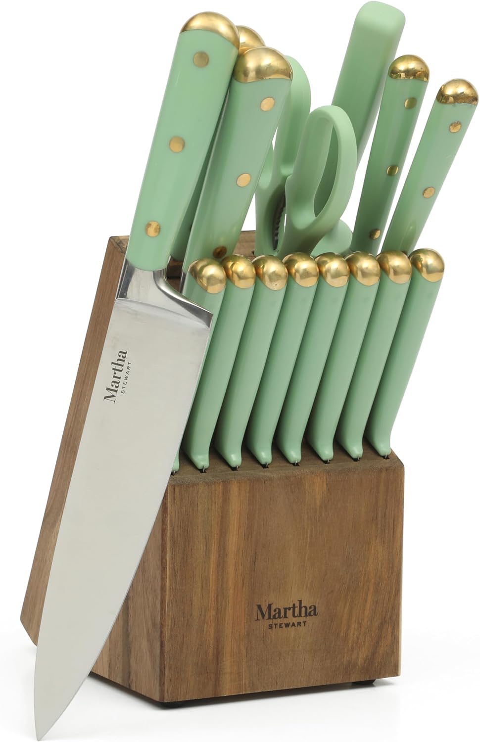Martha Stewart Knife Block Set 16-Piece - Lockton High Carbon Stainless Steel Forged Full Tang Chef Knives, Acacia Wood Block, Triple Riveted Handles, Linen White & Gold