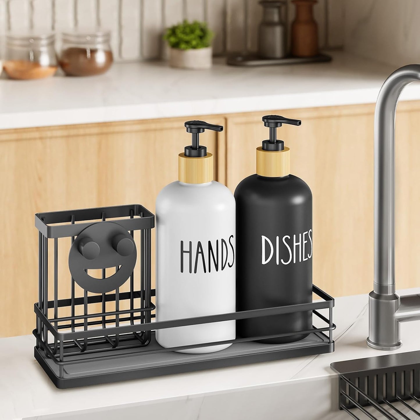 Moforoco Kitchen Dish Soap Dispenser Set, 16OZ Glass Bottle, Hand and Dish Soap Dispenser Set, Instant Dry Tray, Brush Holder with Smiley Face Sponge Holder (Black Tray+Black&White Bottle)