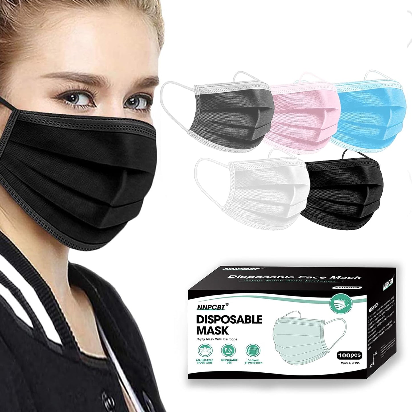 NNPCBT 100PCS 3 Ply Black Disposable Face Mask Filter Protection