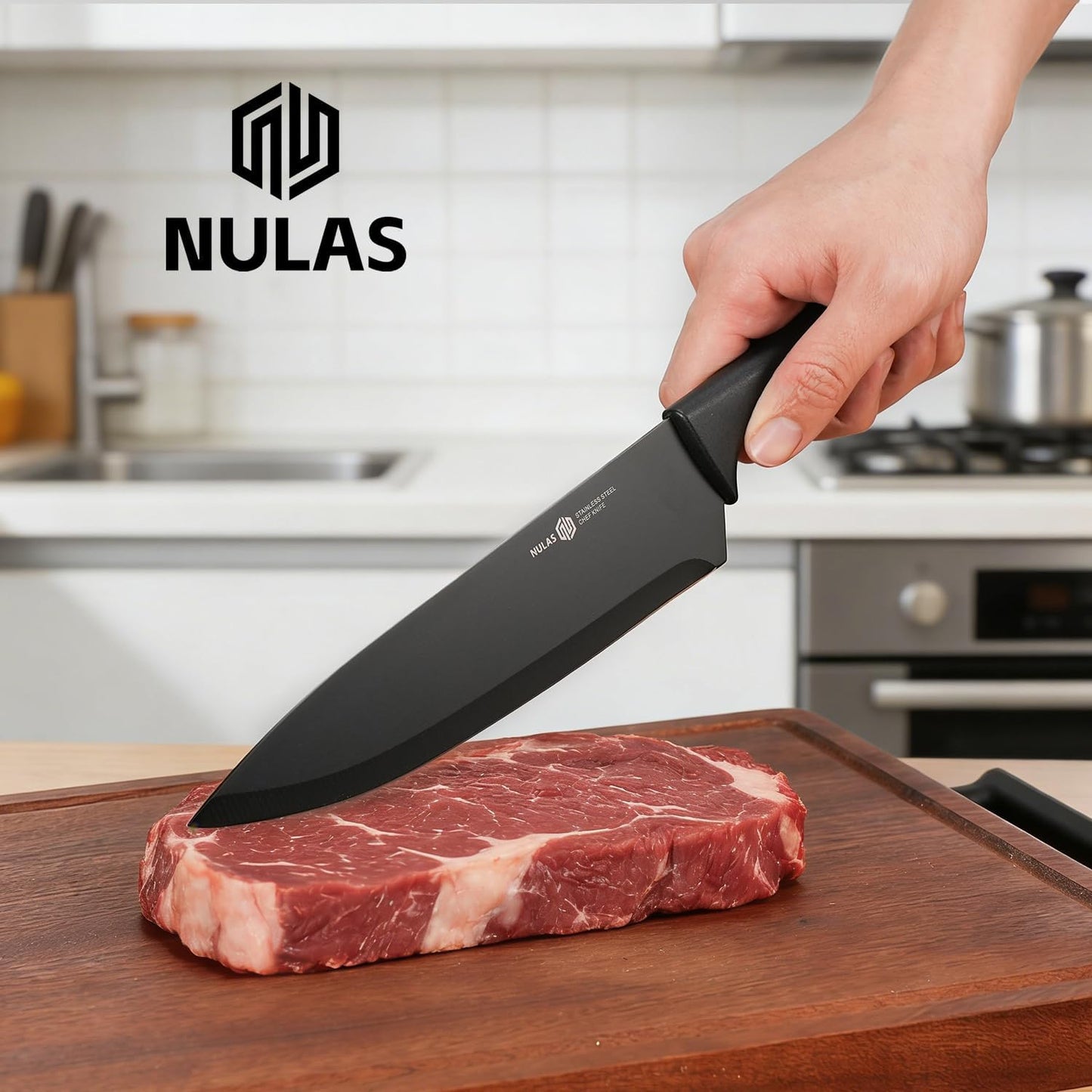 Knife Set, 8-Piece Kitchen Knife Set with Universal Block - Anti-Rust Chef Knives, Ergonomic Design, Dishwasher Safe (Black)
