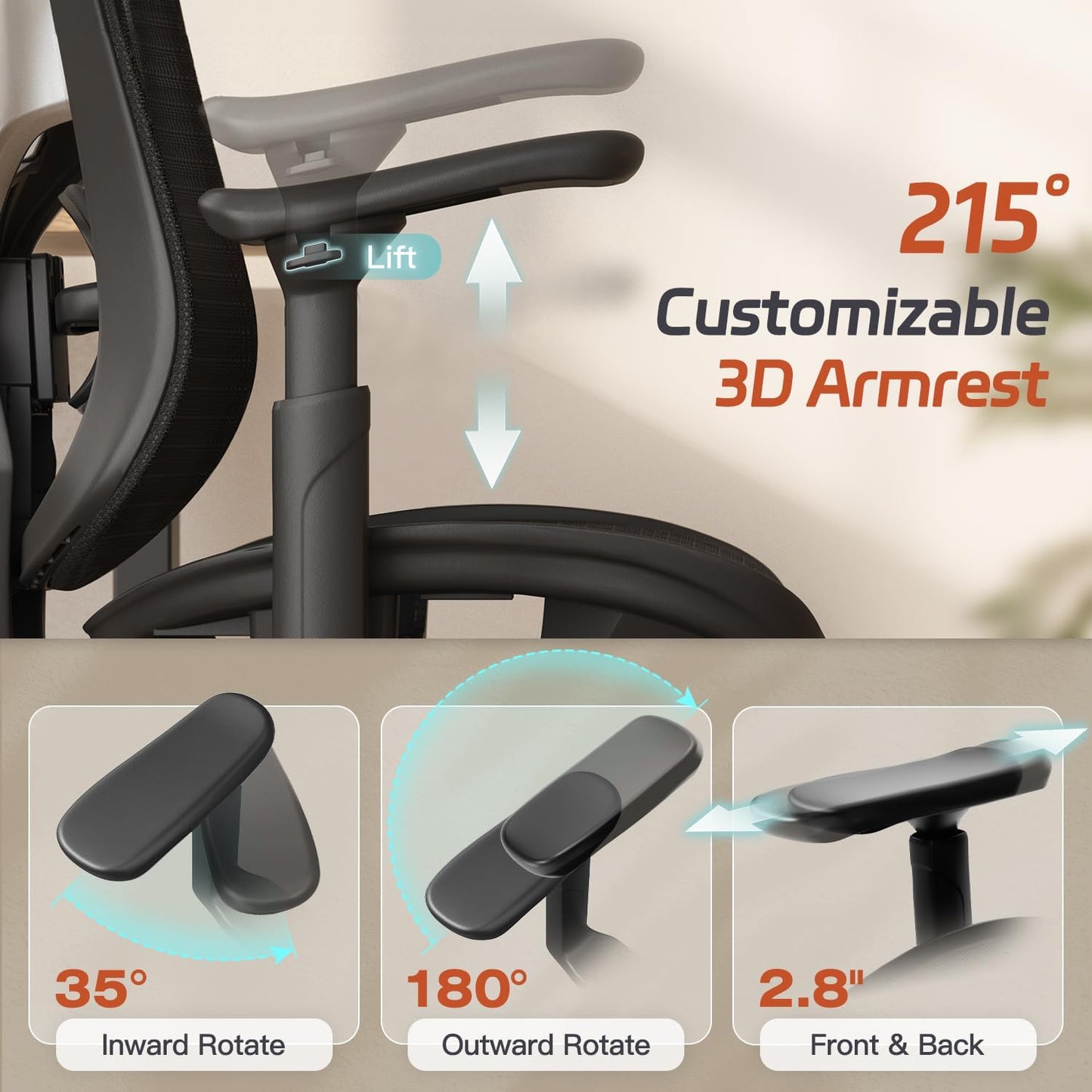 Ergonomic Office Chair, Mesh Desk Chair with Footrest, Adjustable Lumbar Support, 3D Armrest & Large Headrest, 3-Gear Tilt Recline, Stable Swivel Computer Gaming Chairs for Man Woman