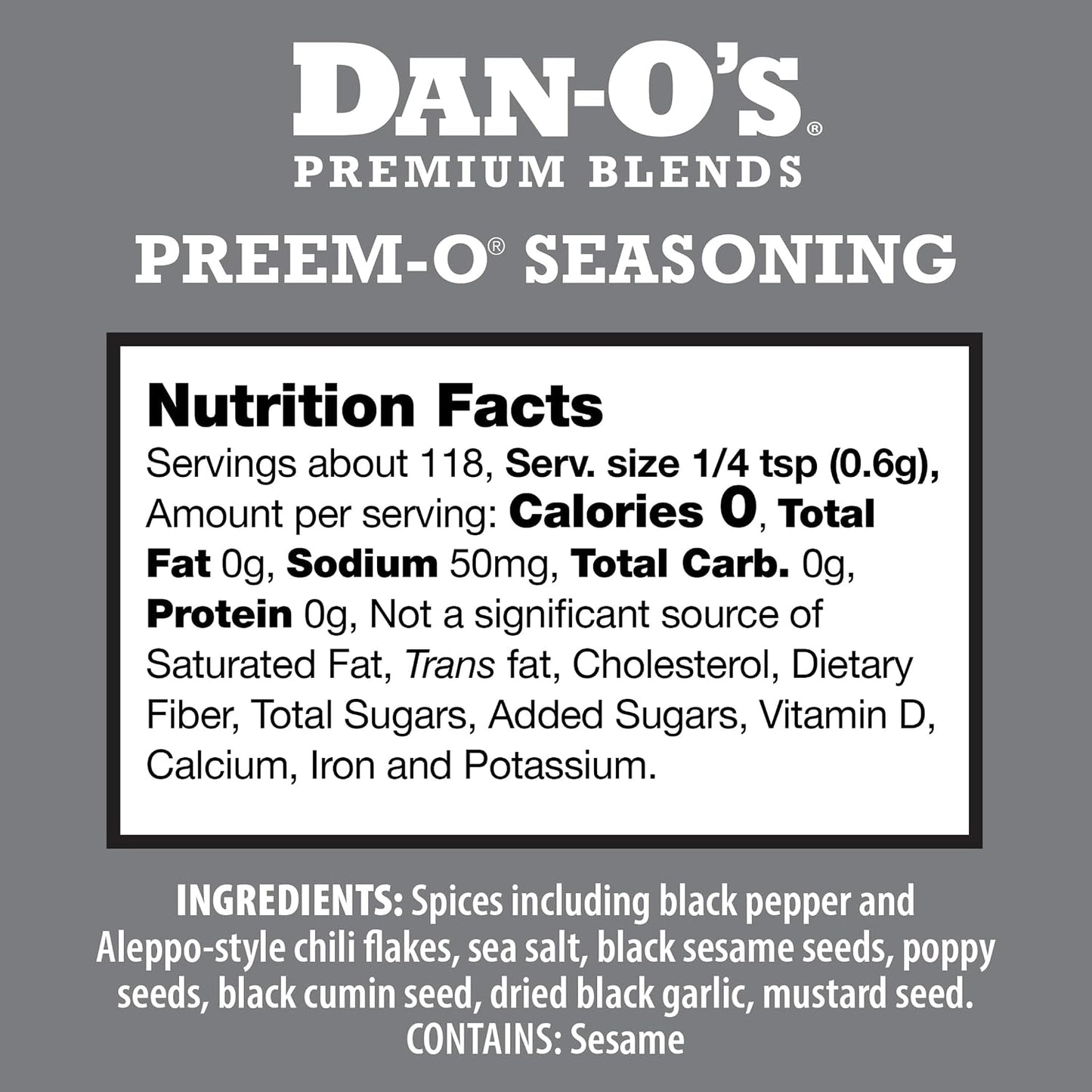 Dan-O's Preem-O Seasoning, 2.5 oz, Sugar-Free, Zero-Calorie, Steak and Meat Seasoning