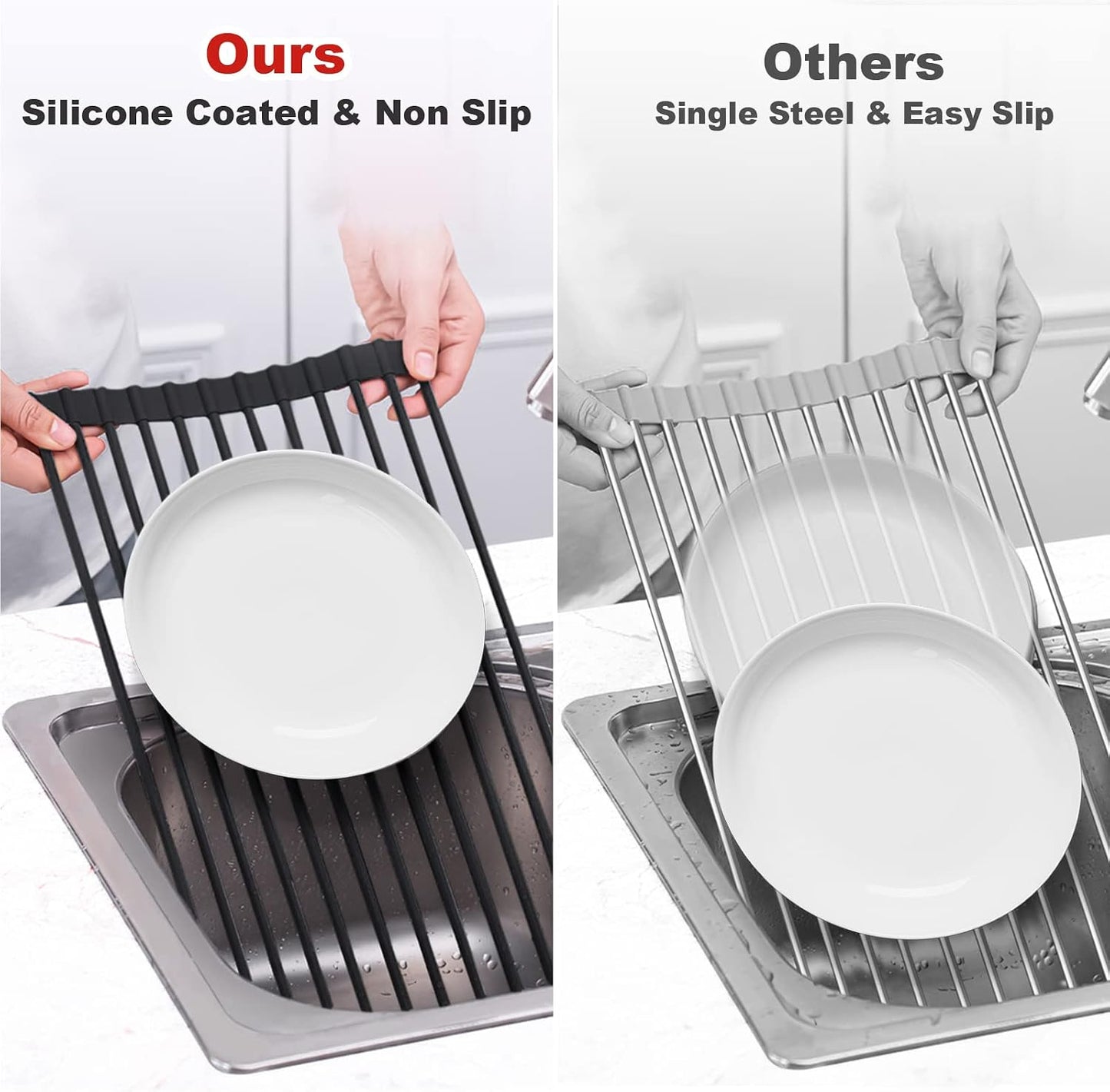 MERRYBOX Roll Up Dish Drying Rack Silicone Wrapped Over The Sink Dish Drying Rack Multipurpose Foldable Sink Drying Mat Anti-Slip & Anti-Rust Dish Rack for Kitchen, 17.5" x 13", Black