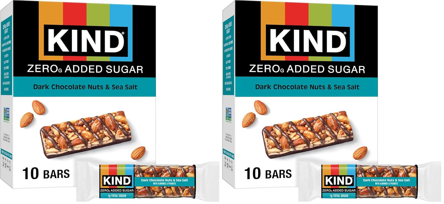 Kind Zero Added Sugar Bars, Dark Chocolate Nuts & Sea Salt, Gluten Free, High Fiber, 10 Count