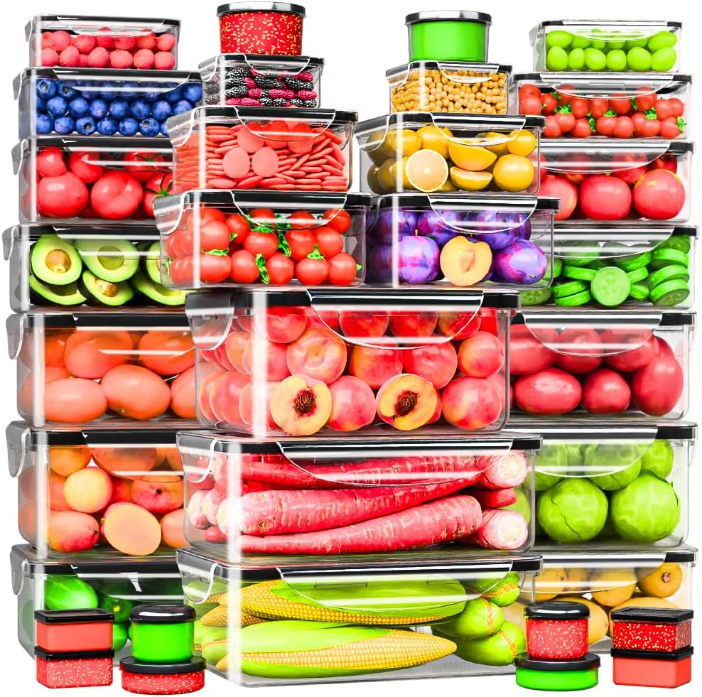 RockBerry 50 Pcs Large Food Storage Containers with Lids Airtight-85 OZ to small Containers-Total 526OZ Stackable Kitchen Set -BPA Free Leak proof containers- Freezer Microwave safe