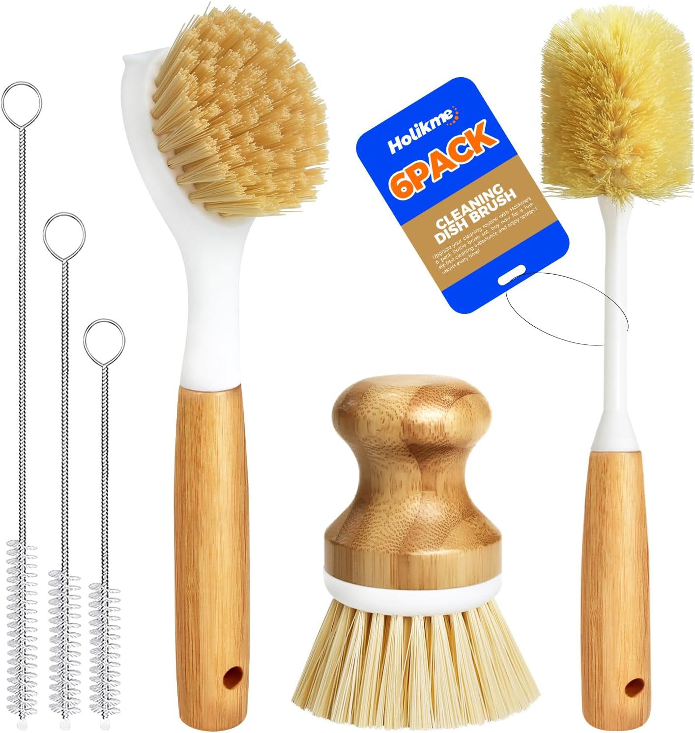 Holikme 6 Pack Dish Brush with Bottle Brush Scrub Brush Straw,Yellow | Dish Brush, Palm Scrub Brush and Straw Brush, Dish Scrubber Long Handle for Dish Bottle Cup Skillet Wok Pot Pan Cast Iron