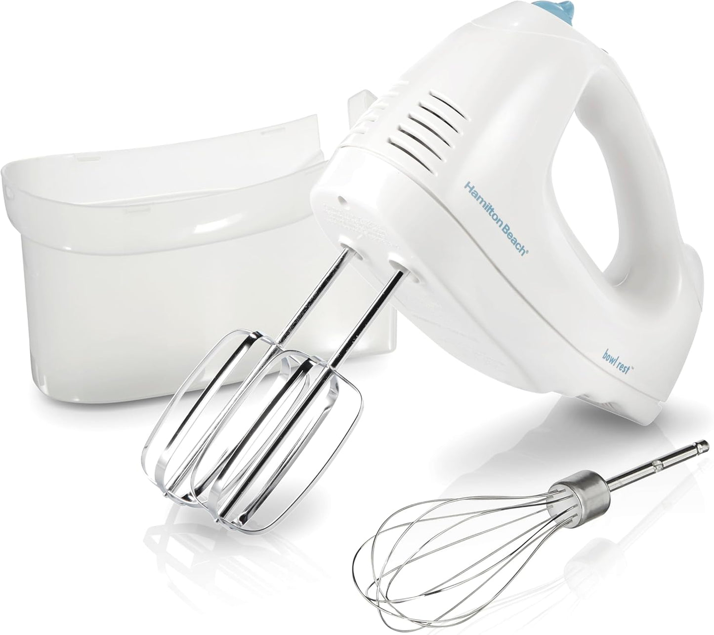 Hamilton Beach 6-Speed Electric Hand Mixer With QuickBurst and Bowl Rest | Powerful 250 Watt Motor | Traditional Beaters | Snap-On Storage Case | White | 62682G
