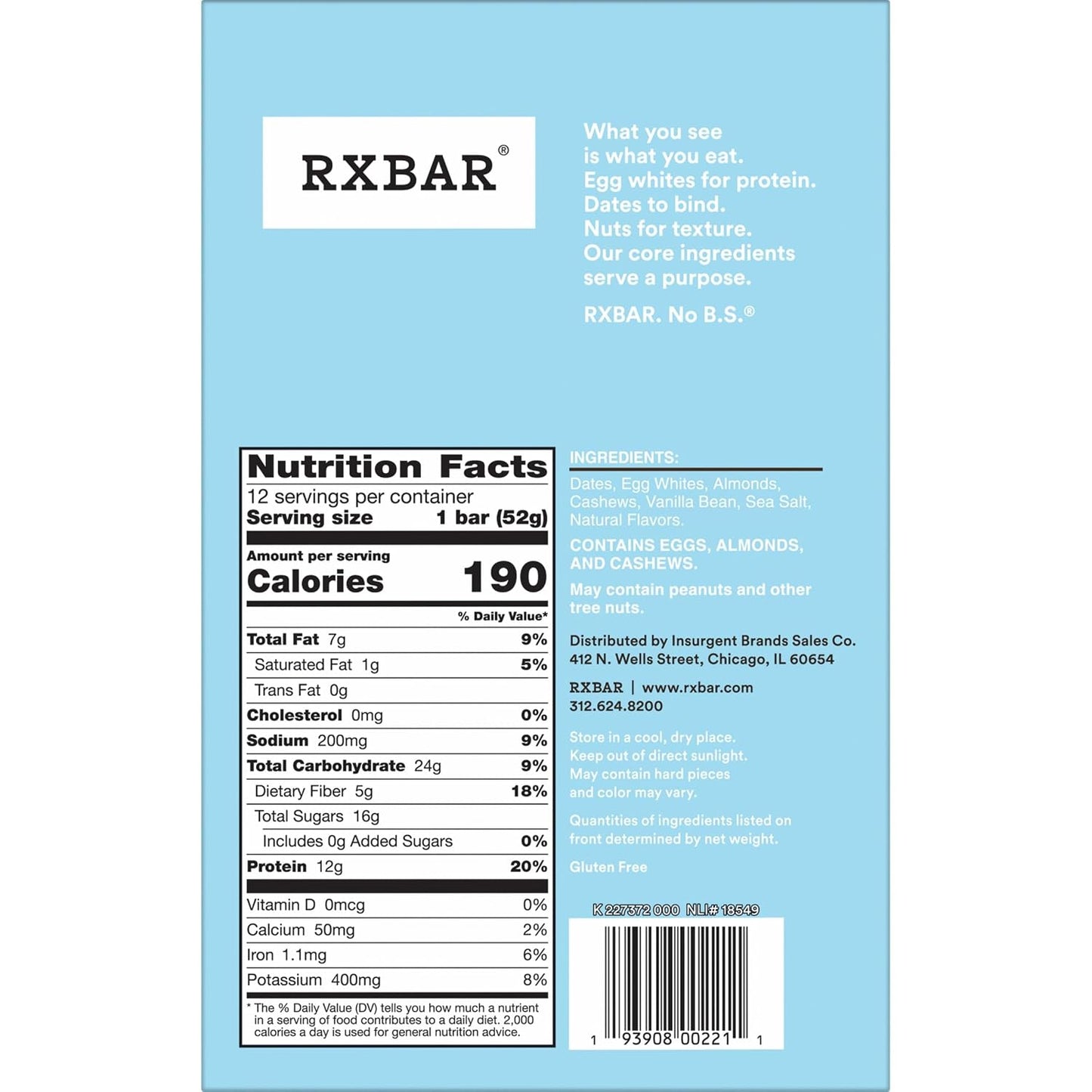 RXBAR Vanilla Almond Protein Bars, 12 Count, 22oz Box, Gluten Free, High Protein Snack