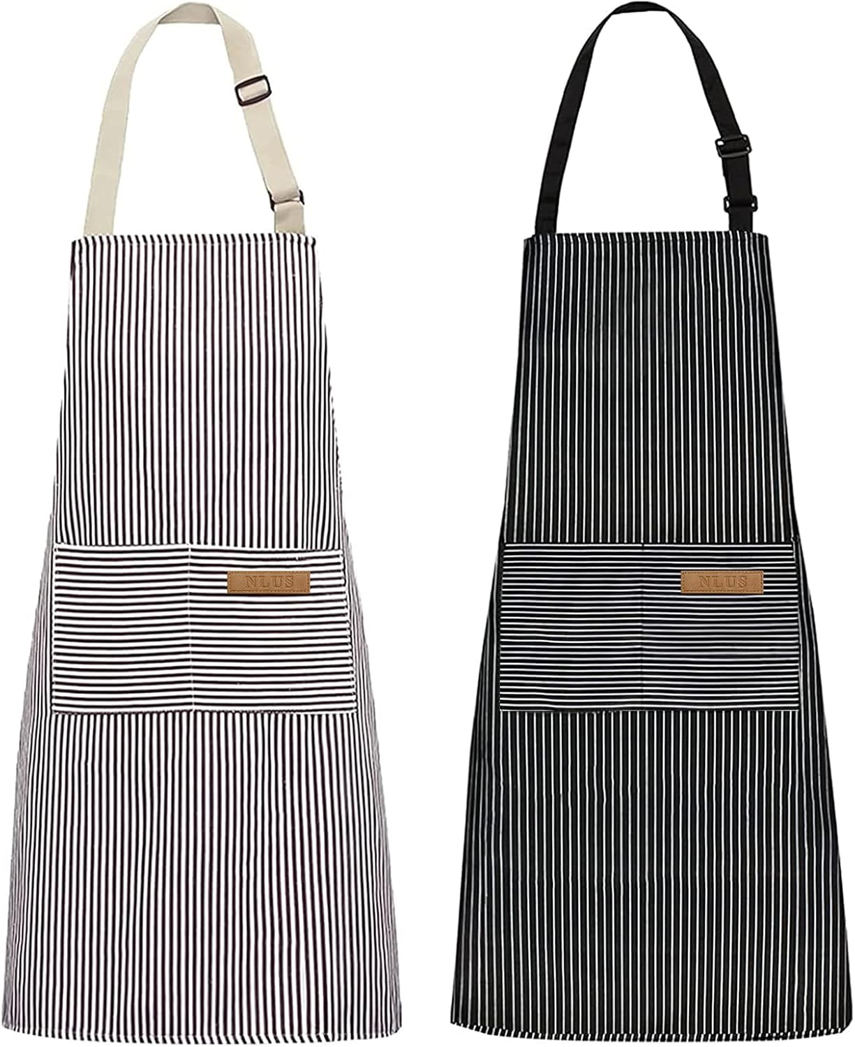 NLUS 2 Pack Kitchen Cooking Aprons, Adjustable Bib Soft Chef Apron with 2 Pockets for Men Women(Black/Brown Stripes)