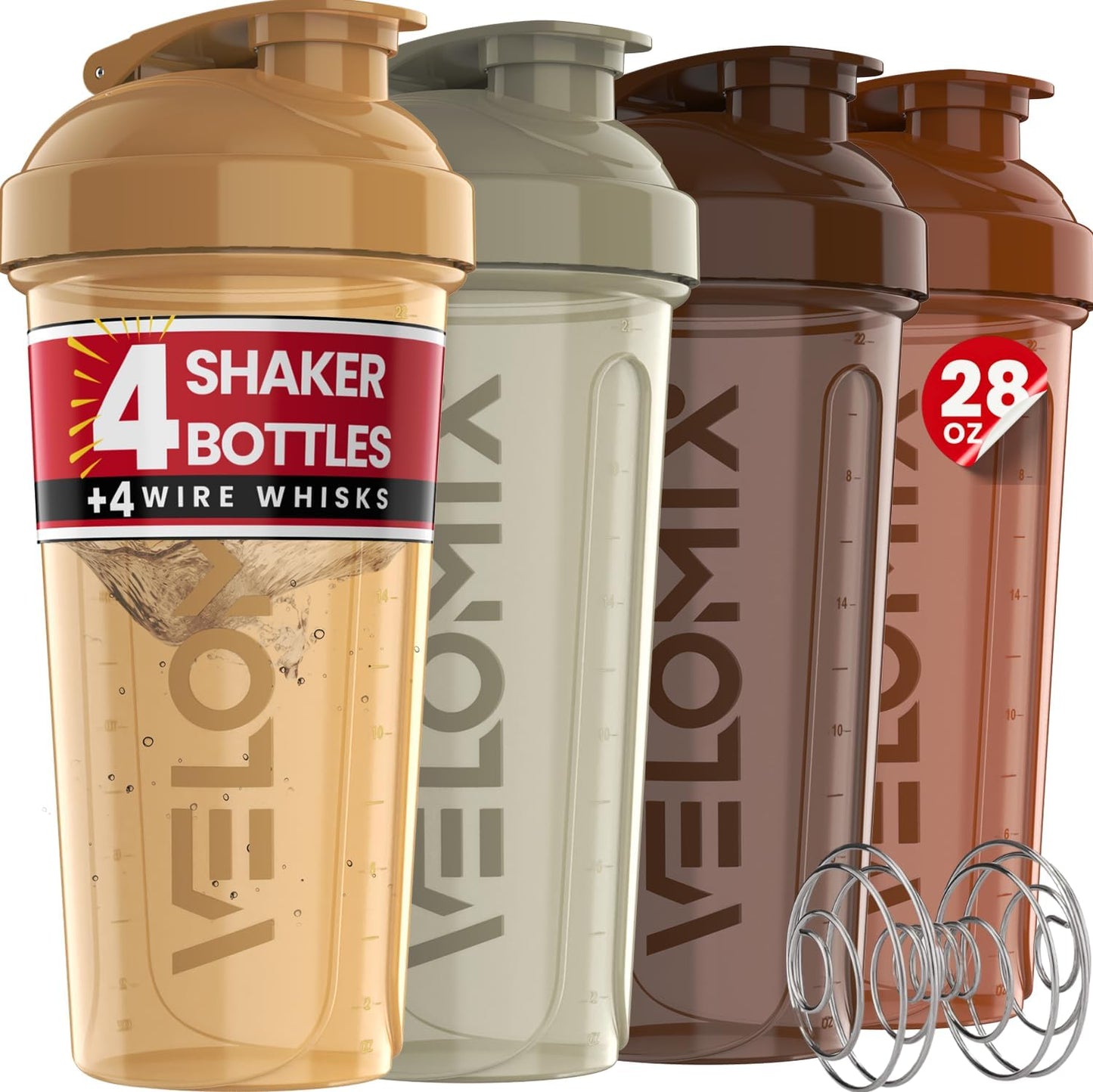 VELOMIX 28 Oz Protein Shaker Bottle, 4-Pack, Leak-Proof, Dishwasher Safe