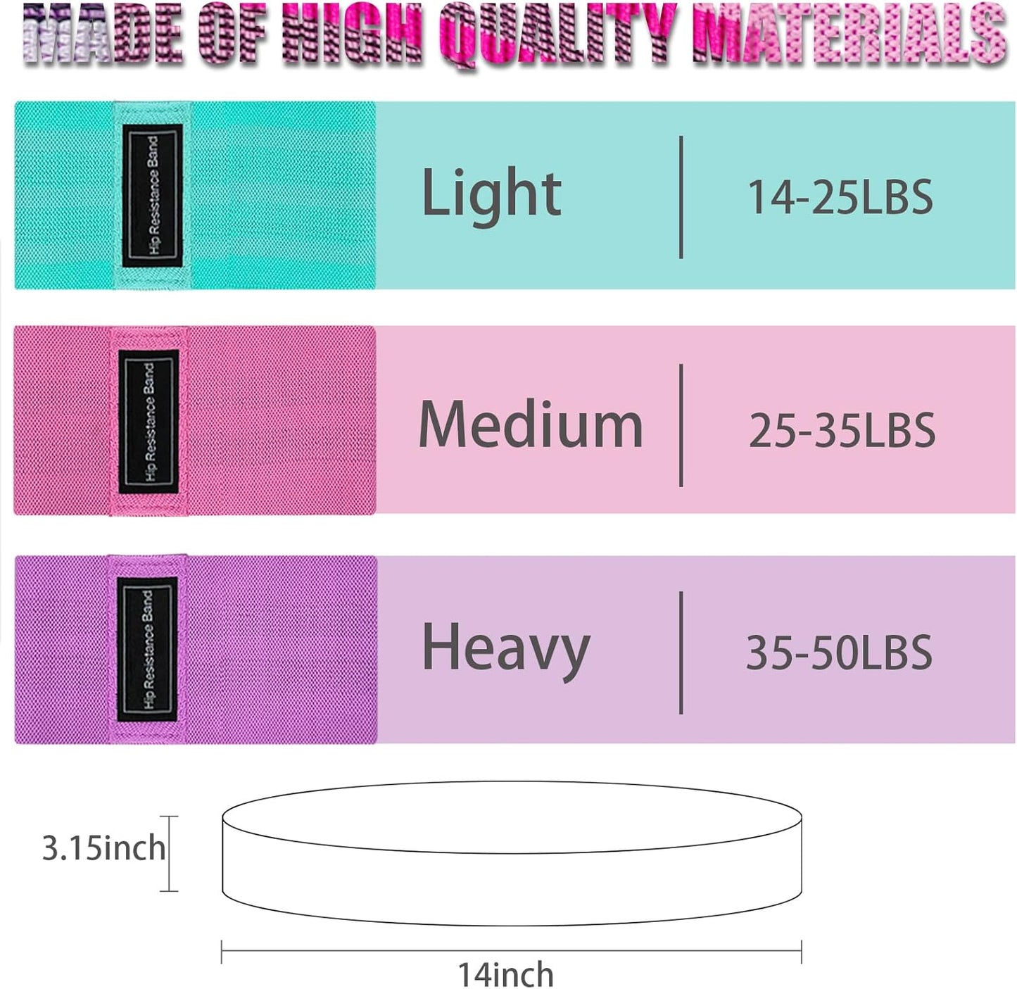 Fabric Resistance Bands, 3 Levels for Workout, Leg Strength Training, Rehab, Yoga