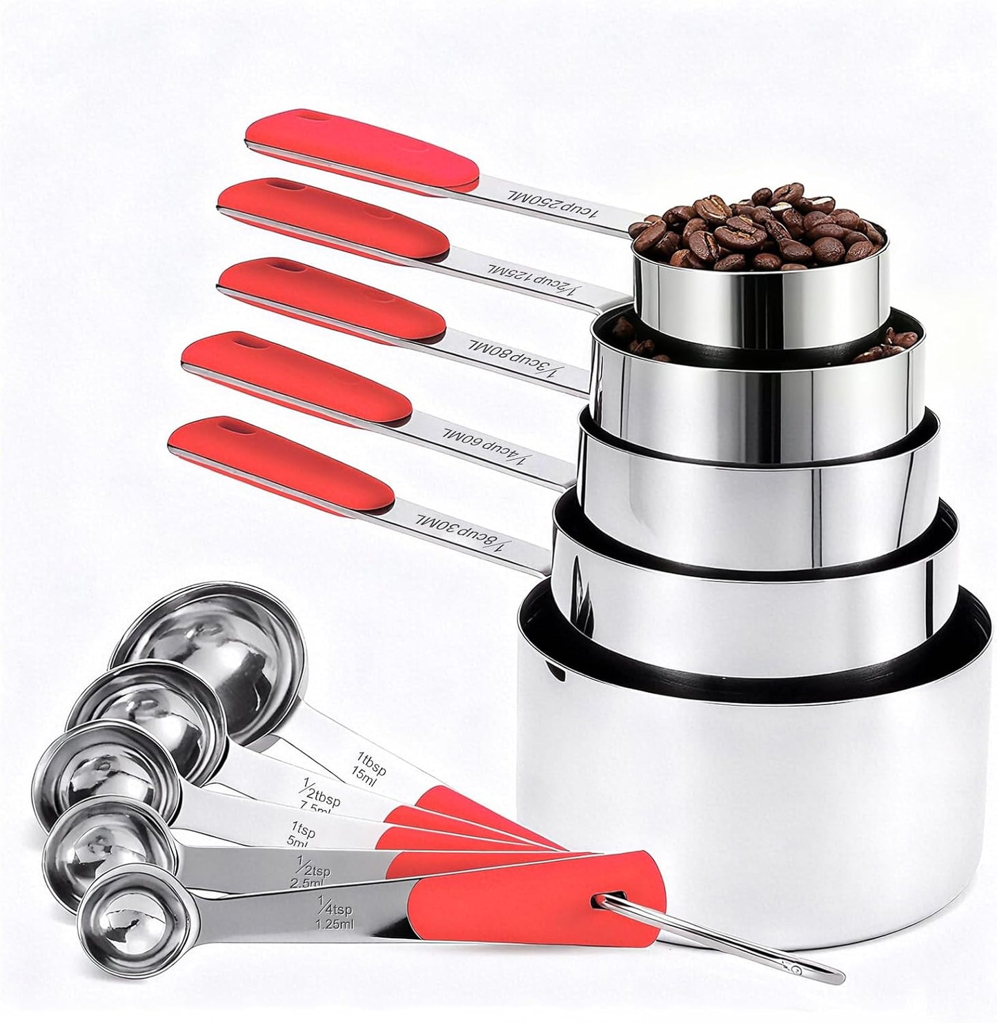 Bopei Measuring Cups and Spoons Set Stainless Steel 10 Piece for Cooking and Baking (5 Cups + 5 Spoons, Colorful Handles)
