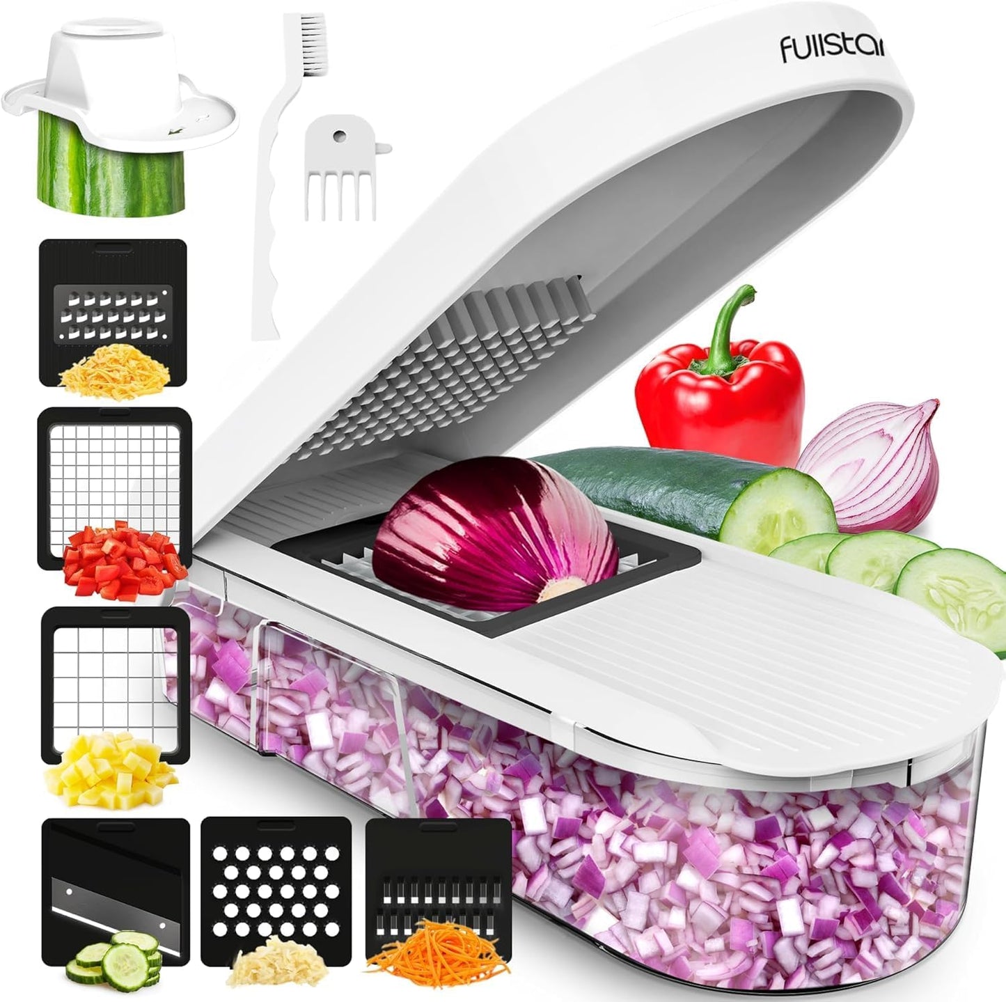 Fullstar Pro Core Vegetable Chopper & Mandoline Slicer, Meal Prep Essential | 6 in 1 Veggie Slicer, Onion & Fruit Slicer with Julienne, Grater & Dicer Stainless Steel Blades + Container (White)