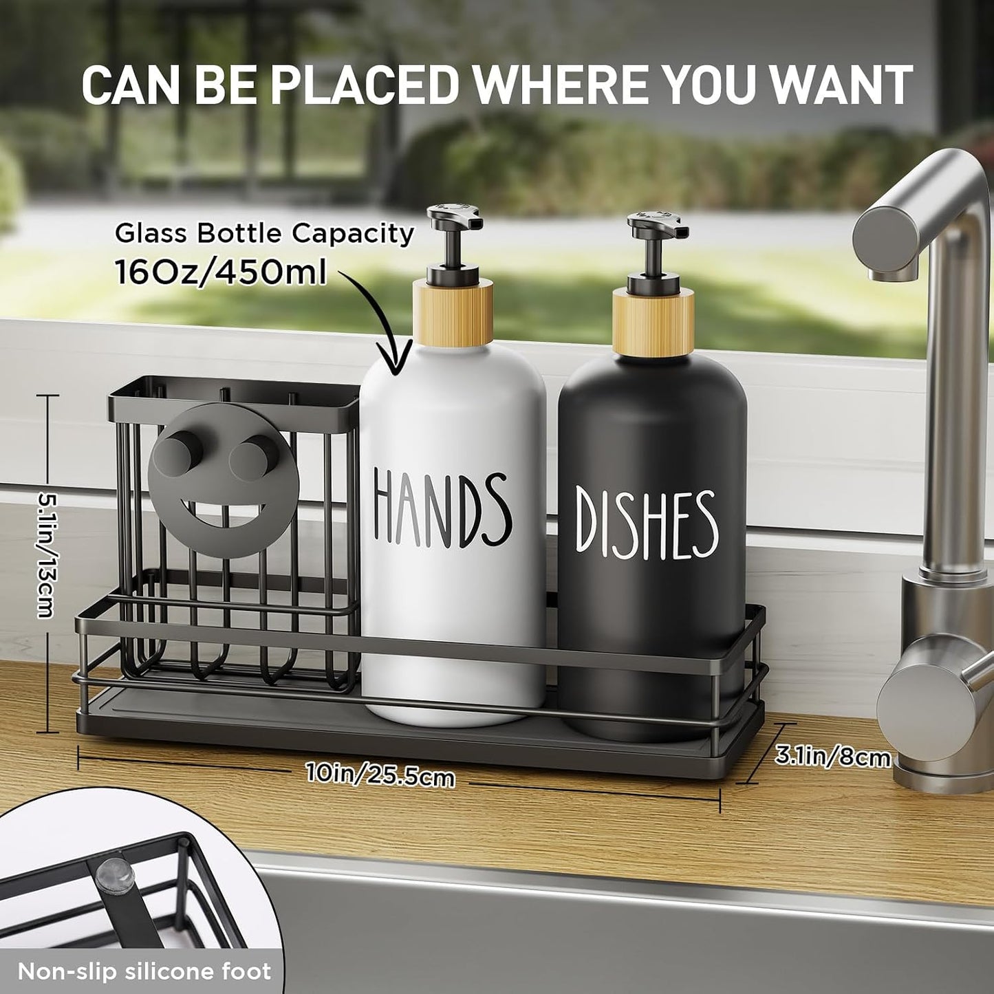 Moforoco Kitchen Dish Soap Dispenser Set, 16OZ Glass Bottle, Hand and Dish Soap Dispenser Set, Instant Dry Tray, Brush Holder with Smiley Face Sponge Holder (Black Tray+Black&White Bottle)