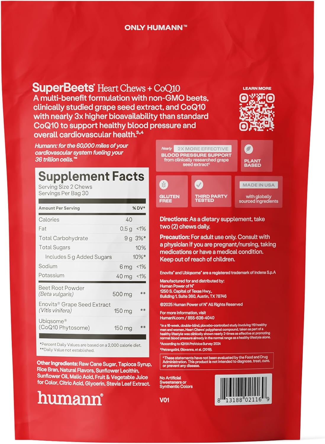 HumanN SuperBeets 3-in-1 Heart Chews with CoQ10 and Beetroot