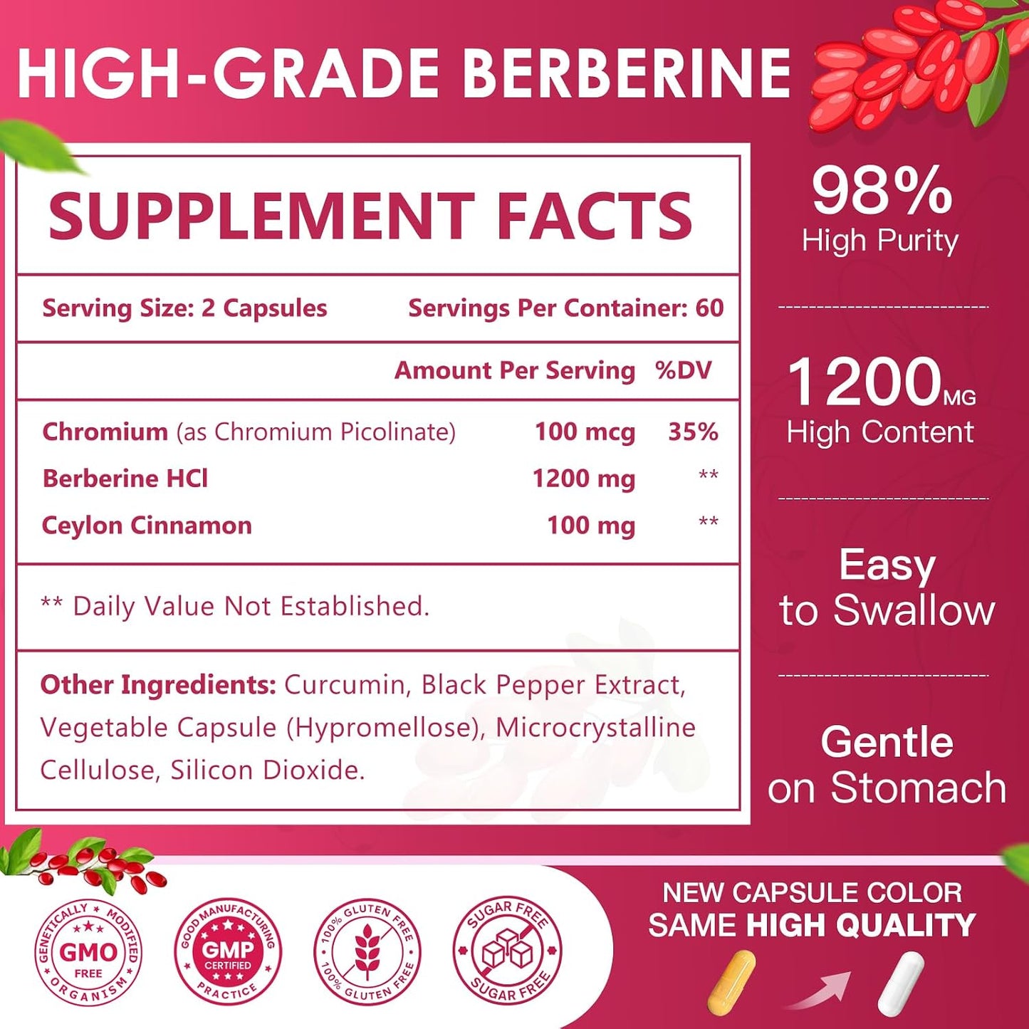 NATURE TARGET Berberine HCL 1200mg, Berberine Supplement with Ceylon Cinnamon, Chromium - Supports Immune, Gastrointestinal & Digestive Health, Non-GMO, 120 Capsules