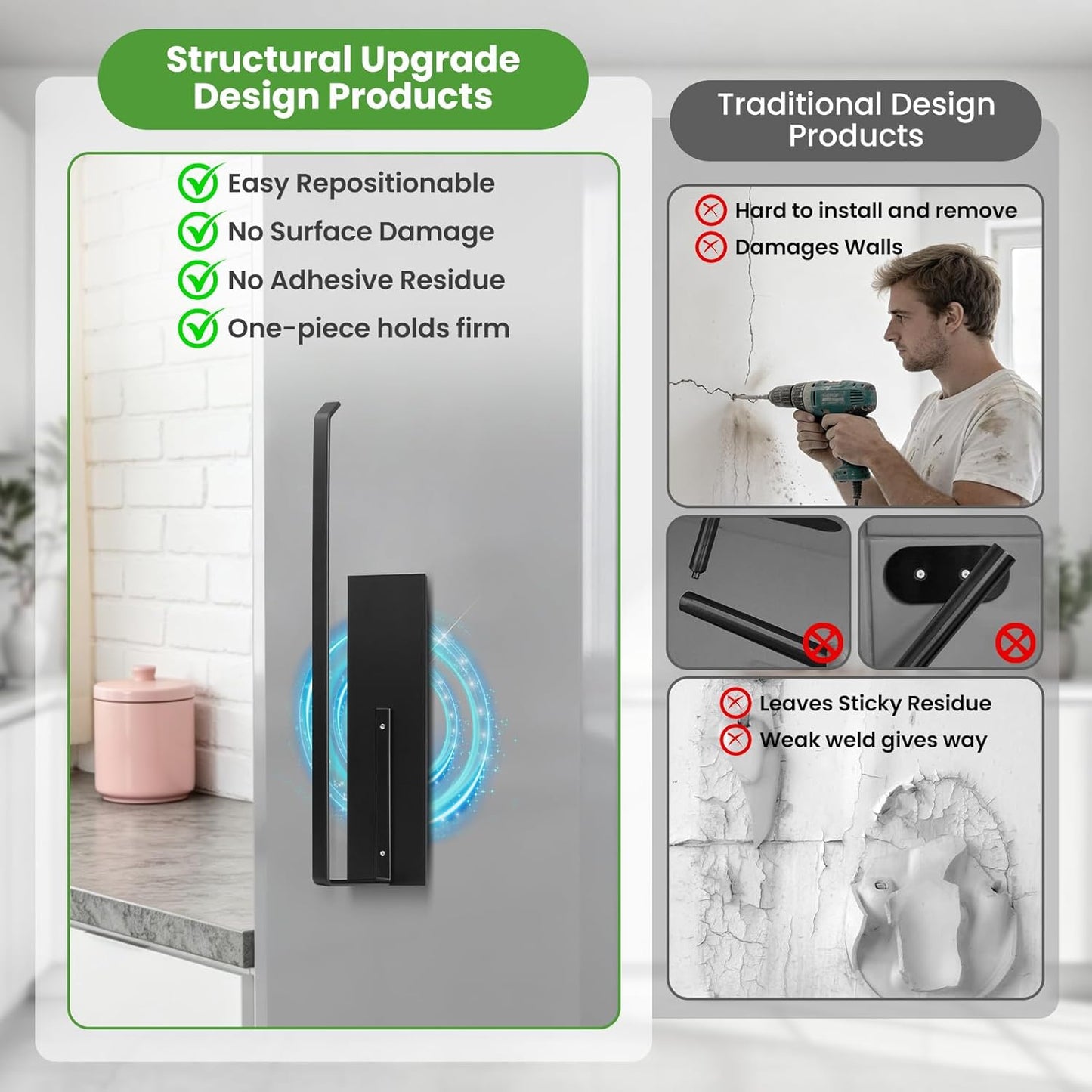 Paper Towel Holder, Magnetic Paper Towel Holder for Fridge, Toilet Paper Roll Holder Magnet Towel Rack Wall Mount Fridge Organizer for Paper Towels Rolls Bathroom Pantry RV Kitchen Storage