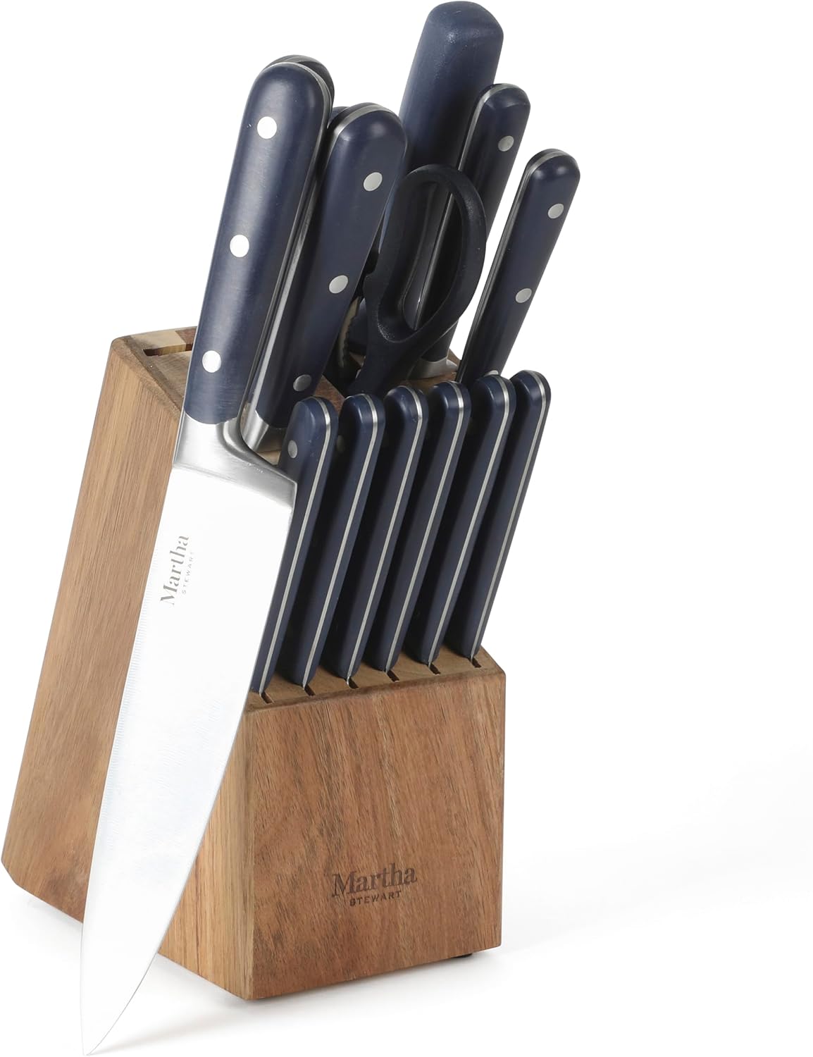 MARTHA STEWART Eastwalk 14 Piece High Carbon Stainless Steel Cutlery Kitchen Knife Block Set w/ABS Triple Riveted Forged Handle Acacia Wood Block - Linen White