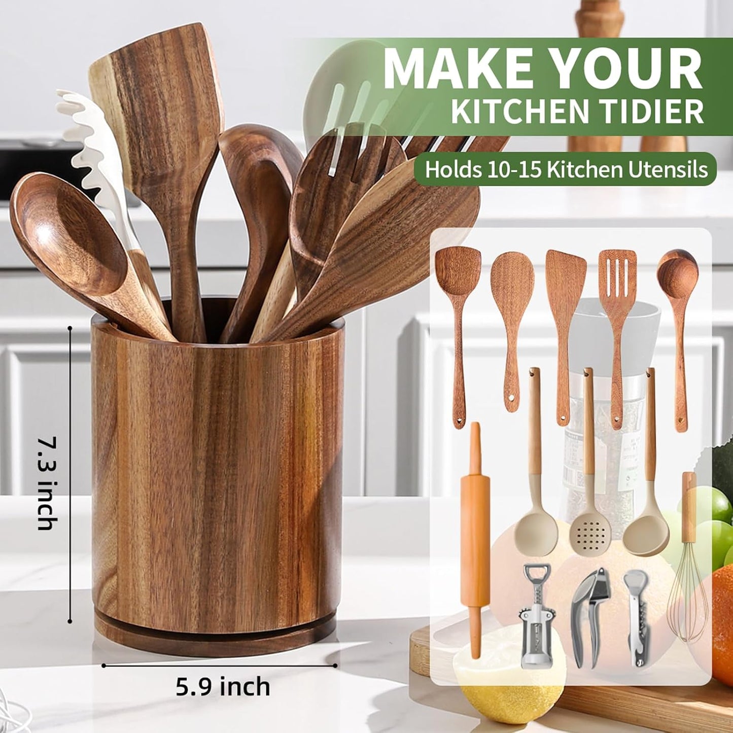 Acacia Wood Utensil Holder, 360° Rotating 7.3 in Kitchen Organizer | Rustic farmhouse countertop decor. Rotating base for easy access to spatulas, spoons, and cooking utensils. 7.3-inch capacity