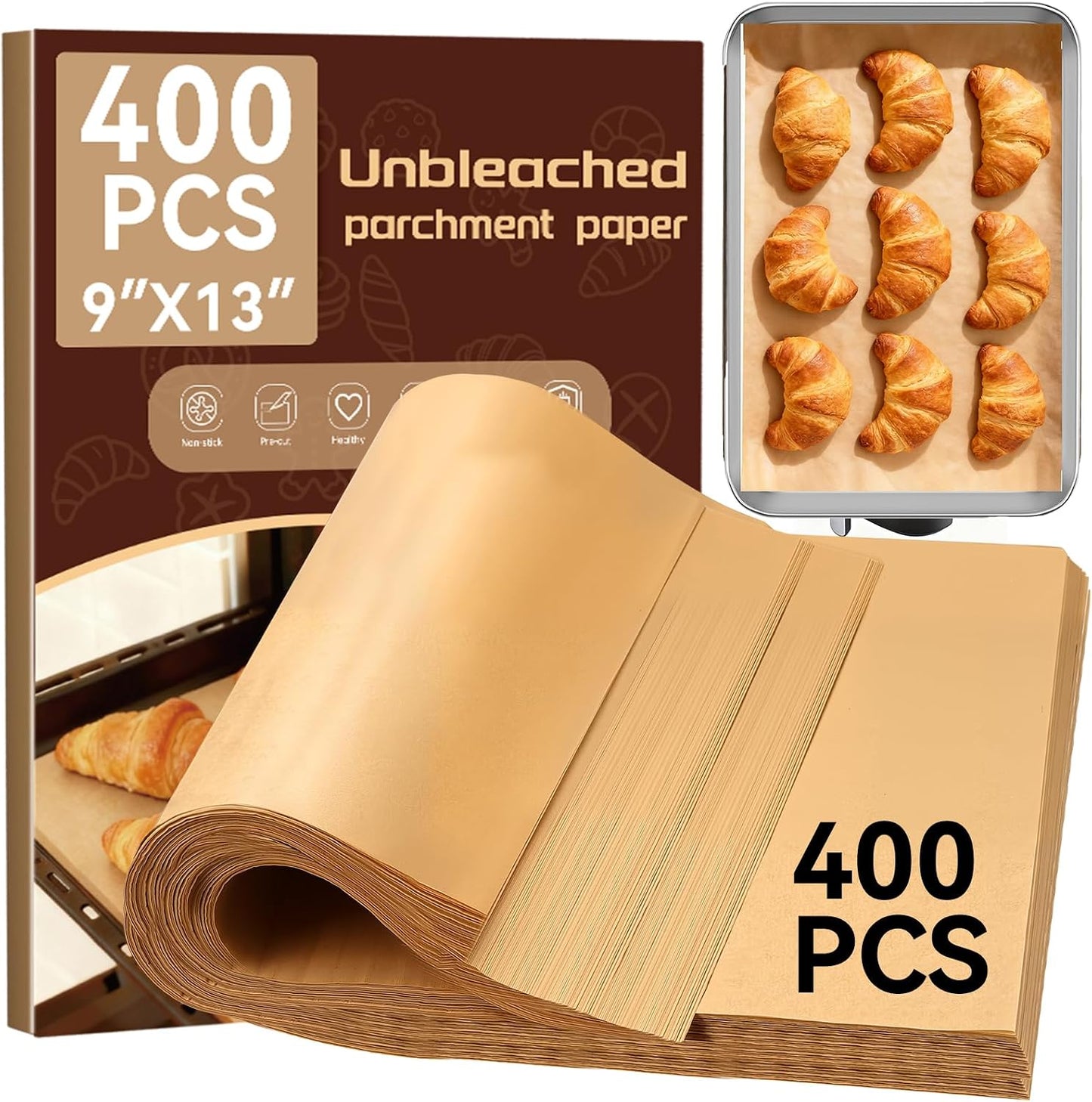 YUANYE 400PCS Parchment Paper Baking Sheets, 12"x16" Unbleached Precut Half Parchment Paper for Baking, Non-Stick Baking Paper for Baking, Grillin, Steaming Bread Cookies, Oven, Air Fryer, Microwave
