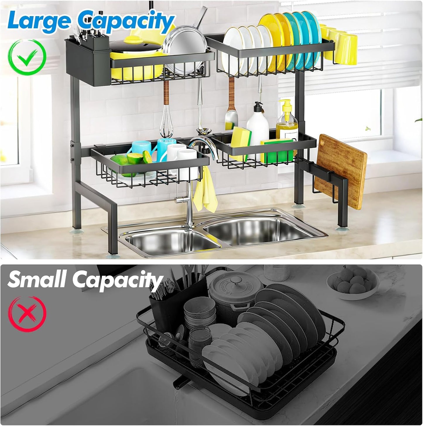 SNSLXH 4 Baskets 2-Tier Over The Sink Dish Drying Rack, 26.57"-35" | Large Dish Drying Rack for Kitchen, Extensible and Adjustable, Saving Kitchen Space