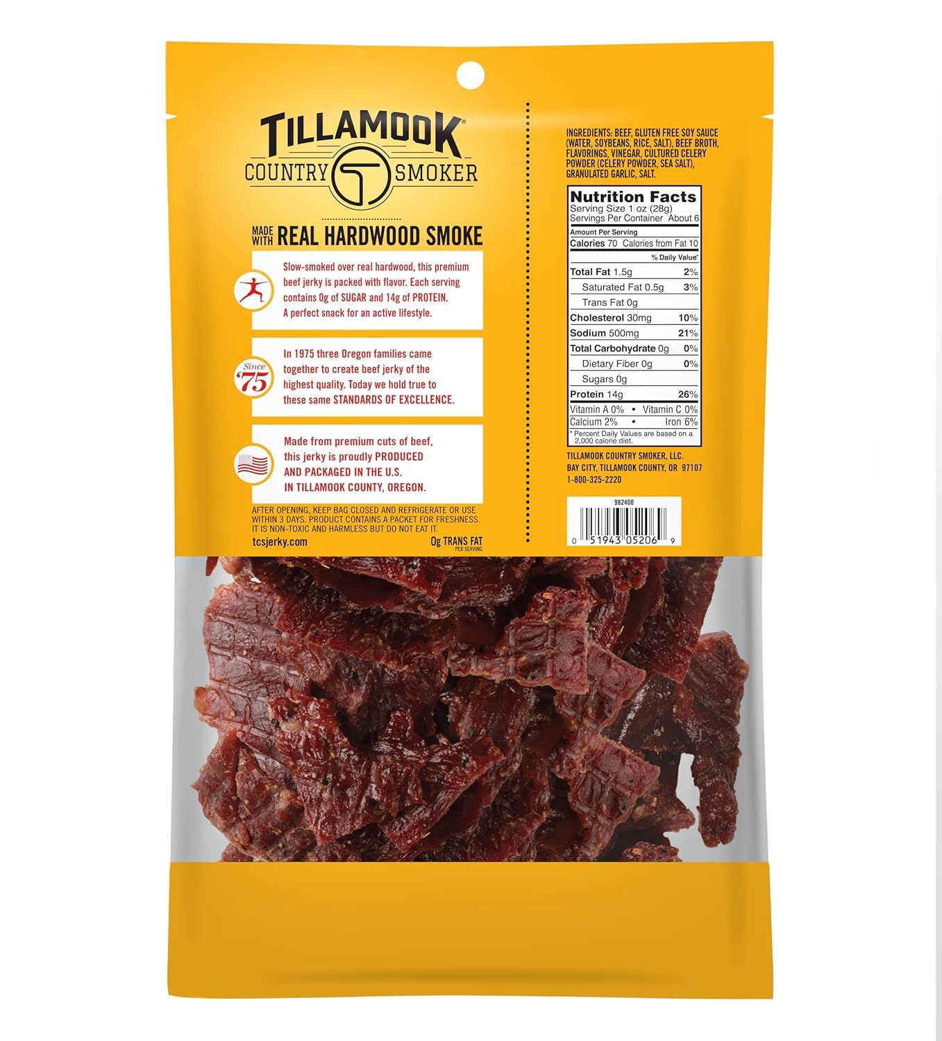 Tillamook Country Smoker Zero Sugar Beef Jerky, Original, 6.5 Ounce