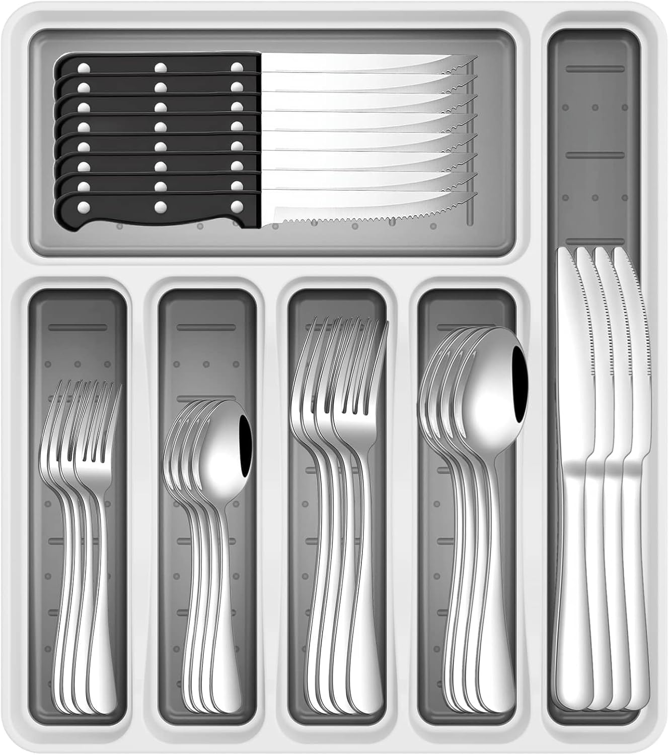 JUNLIN 49 Pieces Black Silverware Set with Steak Knives, Stainless Steel Silverware with Organizer Flatware Utensils Set for 8, Forks and Spoons Silverware Set Cutlery Set