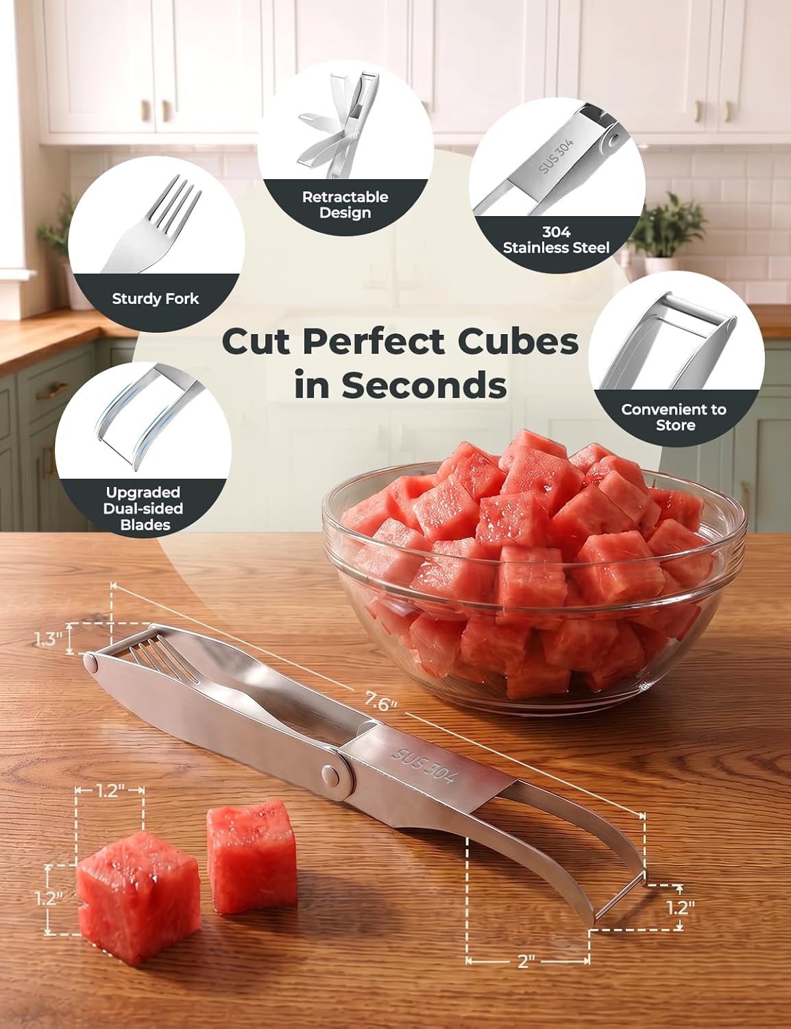 CripsTaste Watermelon Cutter Slicer Tool Stainless Steel Watermelon Fork | 2-in-1 Watermelon Fork Slicer Retractable Fork & Dual Blades for Easier Cutting, Fruit Cutter Slicer for Kitchen Gadget Party