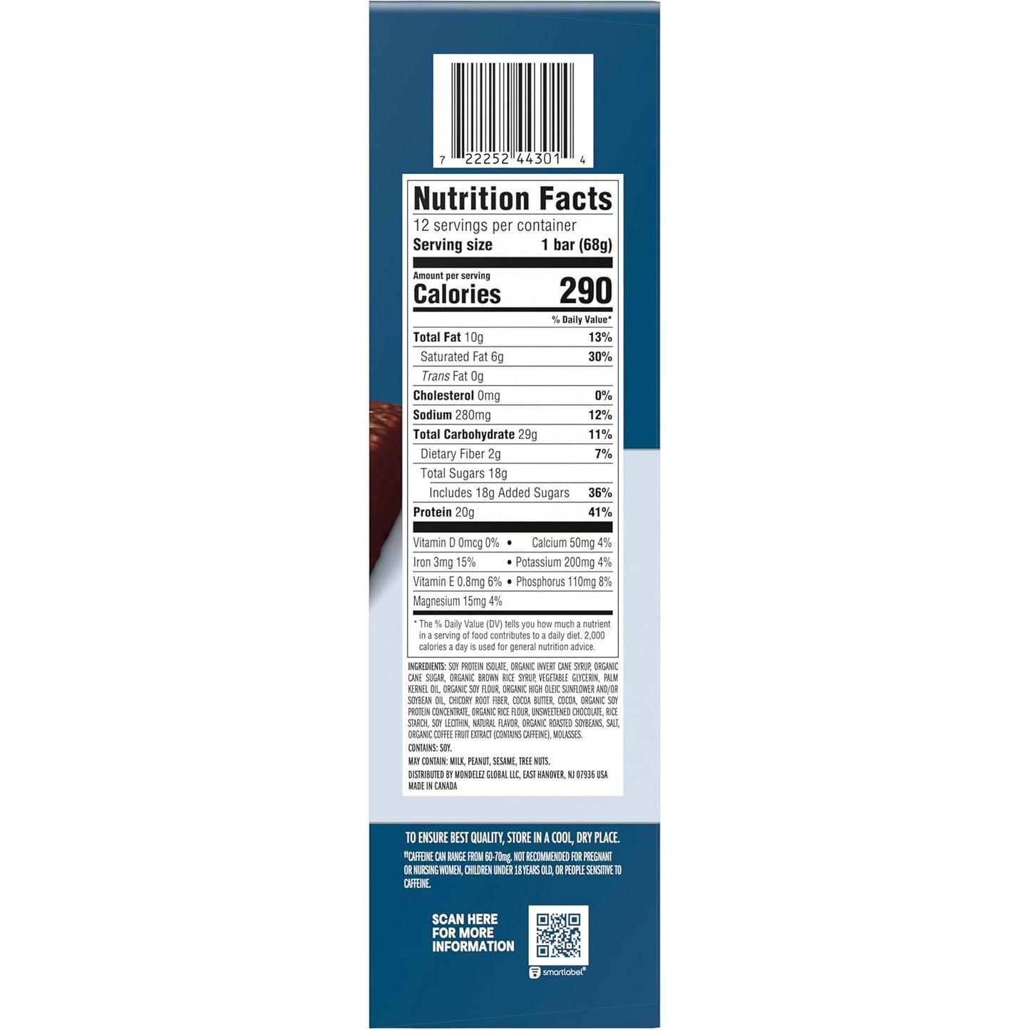 CLIF BUILDERS + Caffeine Protein Bars, Chocolate Chip Cookie Dough Flavor, 20g Plant Based Protein, Gluten Free, Non-GMO, Low Glycemic, No Artificial Sweeteners, 2.4 oz, 12 Pack