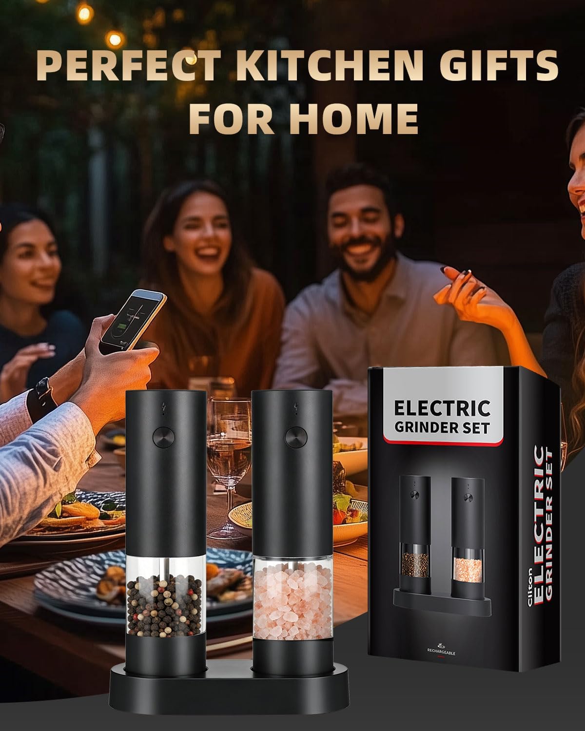 Electric Salt and Pepper Grinder Set Rechargeable, Automatic Salt and Pepper Shakers Mill Refillable, One Hand Operation Adjustable Coarseness, Kitchen Gadgets, House Warming Gifts New Home