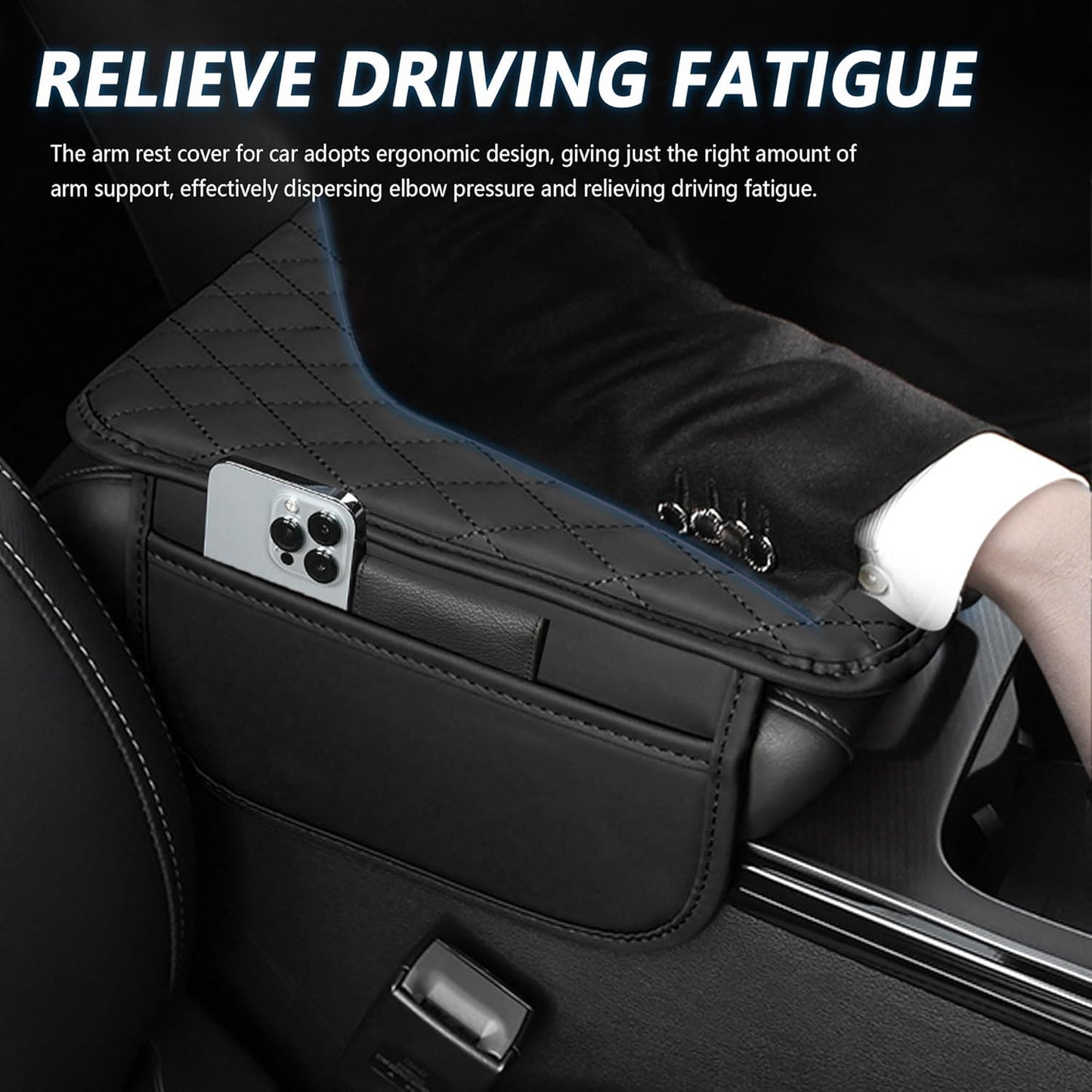 Upgraded Car Center Console Cover,Microfiber Leather Car Armrest Cover Cushion with 2 Storage Bags,Car Armrest Storage Box Interior Accessories for Most Vehicles (Black)