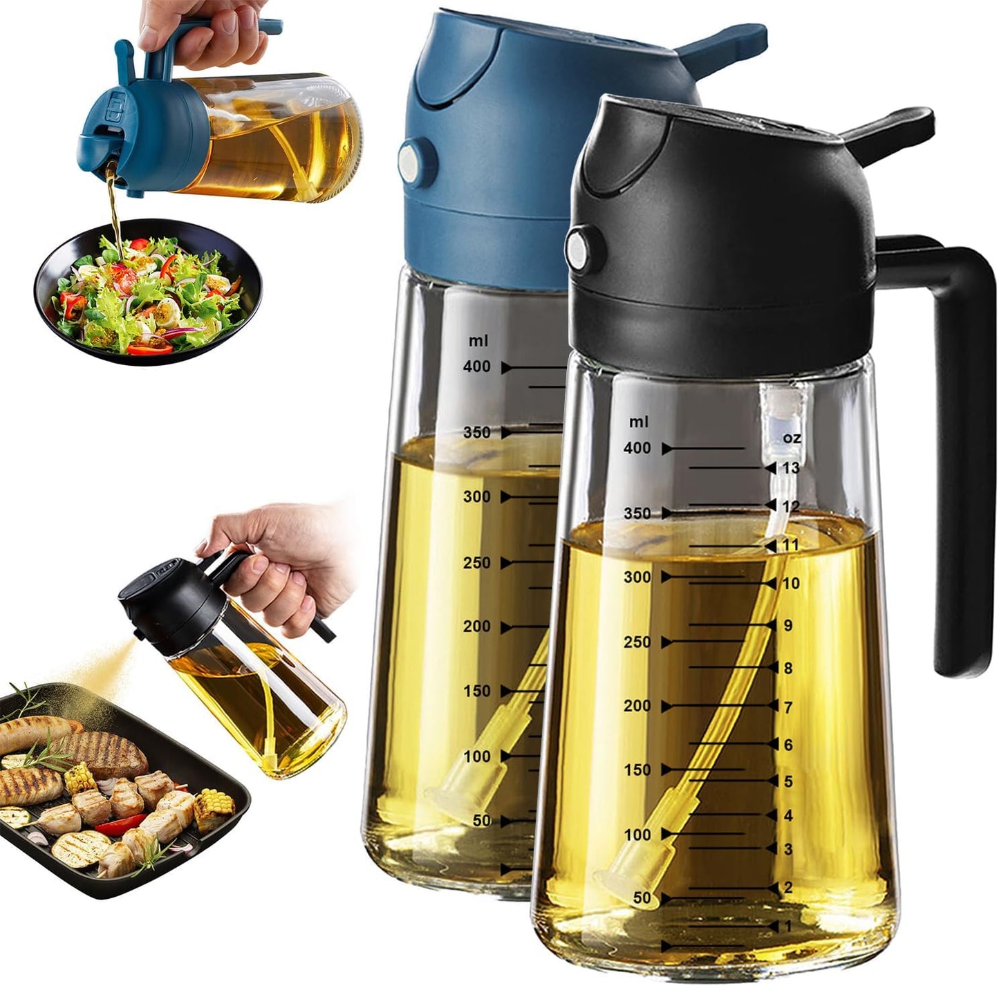 TrendPlain 16oz/470ml Glass Olive Oil Sprayer for Cooking – 2 in 1 Olive Oil Dispenser Bottle for Kitchen Gadgets and Air Fryer Accessories, Salad, BBQ - Black