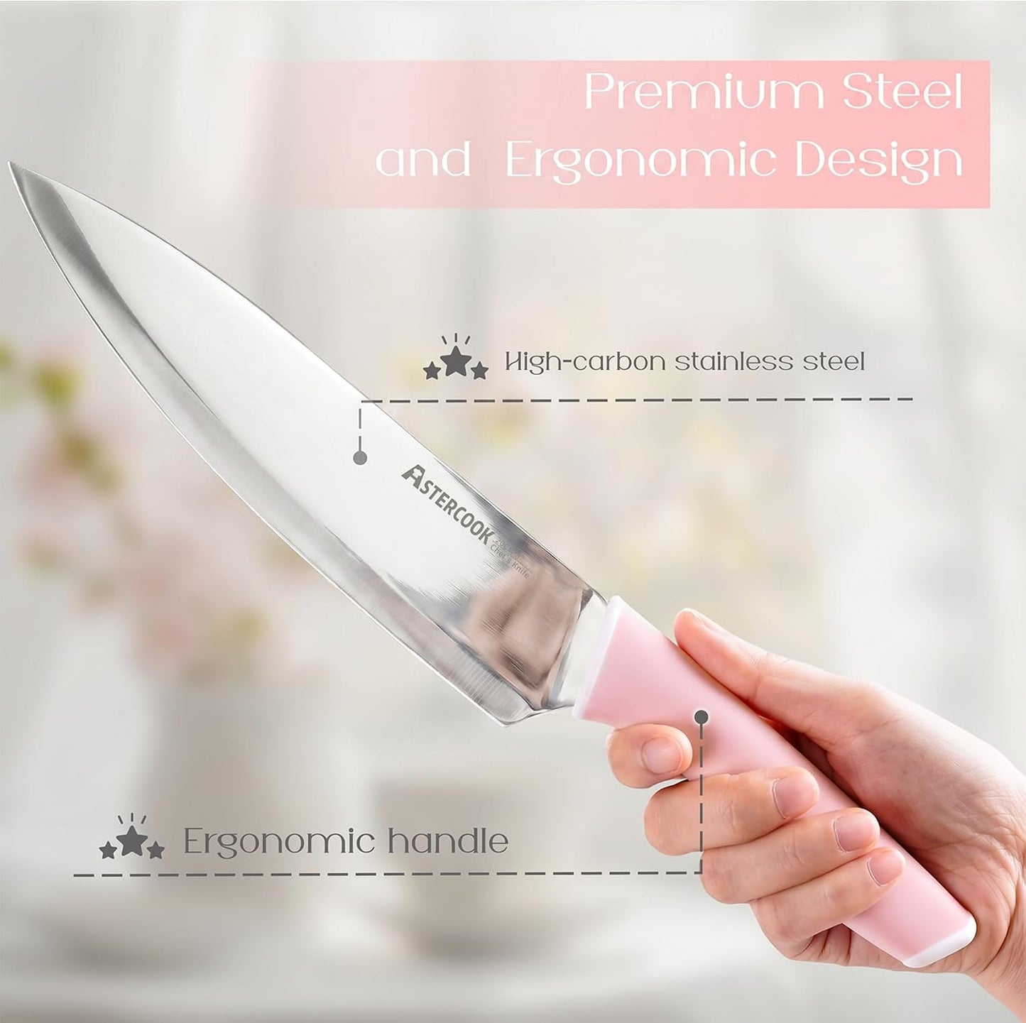 Astercook Knife Set, Kitchen Knives Set with Block and Sharpener 15 Pcs German Stainless Steel Knives Sharp Blade Dishwasher Safe Deba Knives with Ergonomic Handle, Crystal Pink
