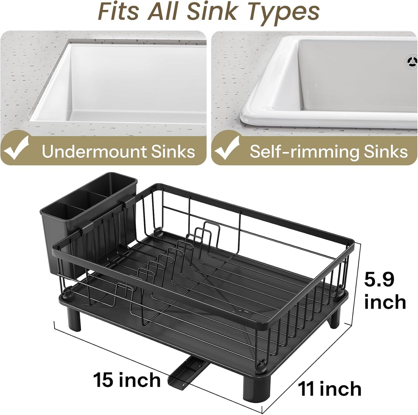 SNTD Dish Drying Rack for Small Kitchen Counter, 11" W x 15" L, Black | Space Saving, Rotating Spout & Angled Drainboard for Quick Drainage, Stainless Steel, Removable Utensil Holder