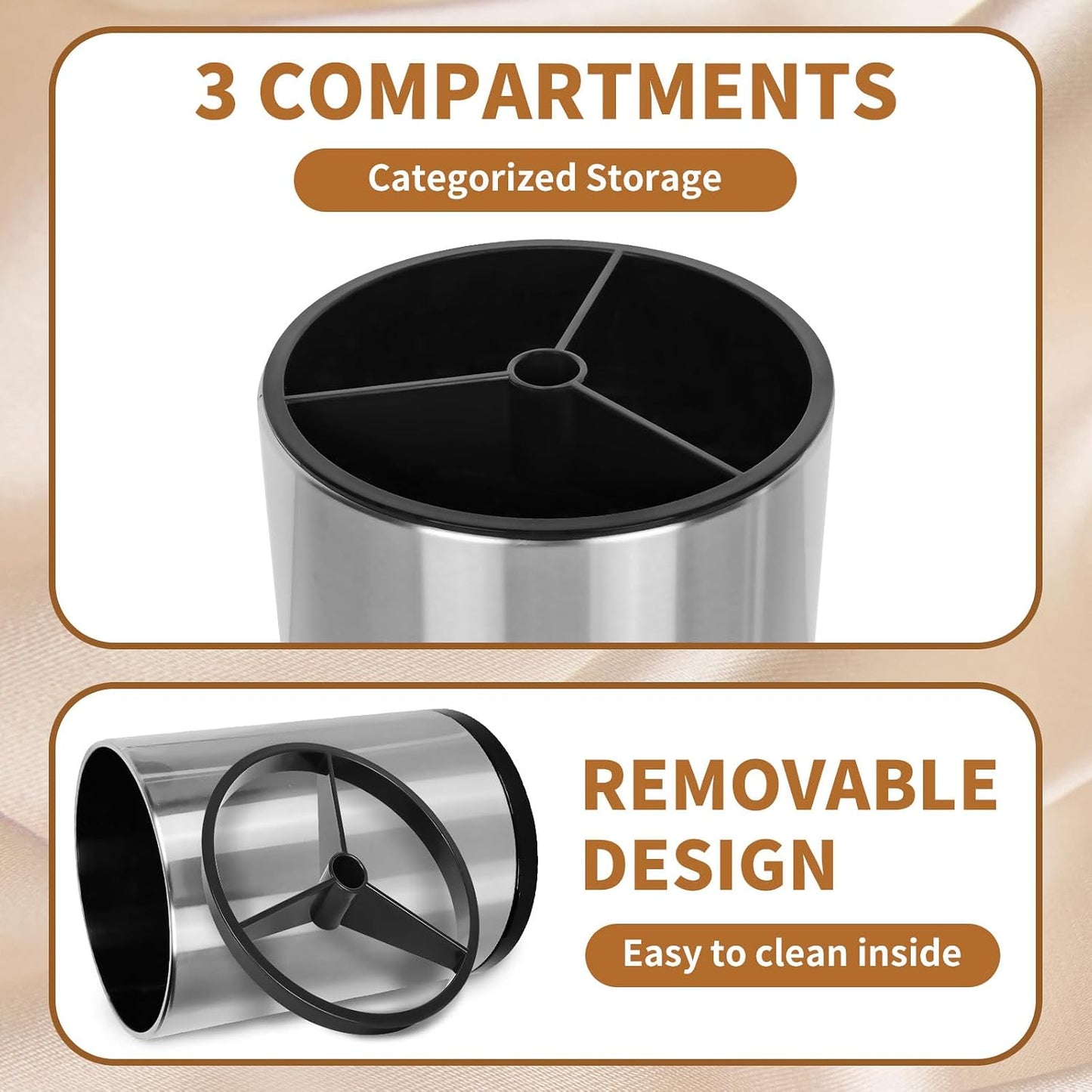 Nigelia Extra Large Kitchen Utensil Holder, 360° Rotating Stainless Steel Cooking Utensil Holder for Countertop, 3 Compartment Flatware Organizer & Cooking Caddy with Removable Base(Silvery)