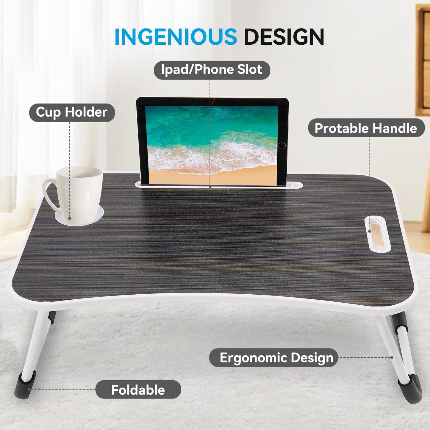 BUYIFY Folding Lap Desk, 23 Inch Portable Wood Black Laptop Bed Desk Lap Desk with Cup Holder, for Working Reading Writing, Eating, Watching Movies for Bed Sofa Couch Floor