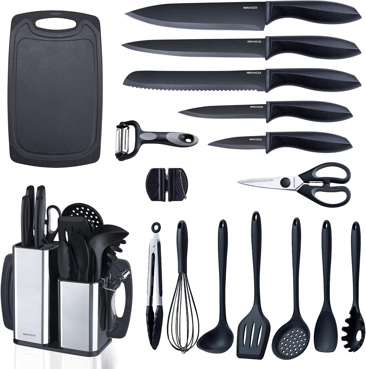 RAXCO Kitchen Utensils Set,18-Piece Cooking Utensils and Knife Set,Black | Food-grade Silicone Heat-safe to 410°F, Detachable Stainless Steel Holder, 5 Kitchen Knives and Cutting Board All-in-one
