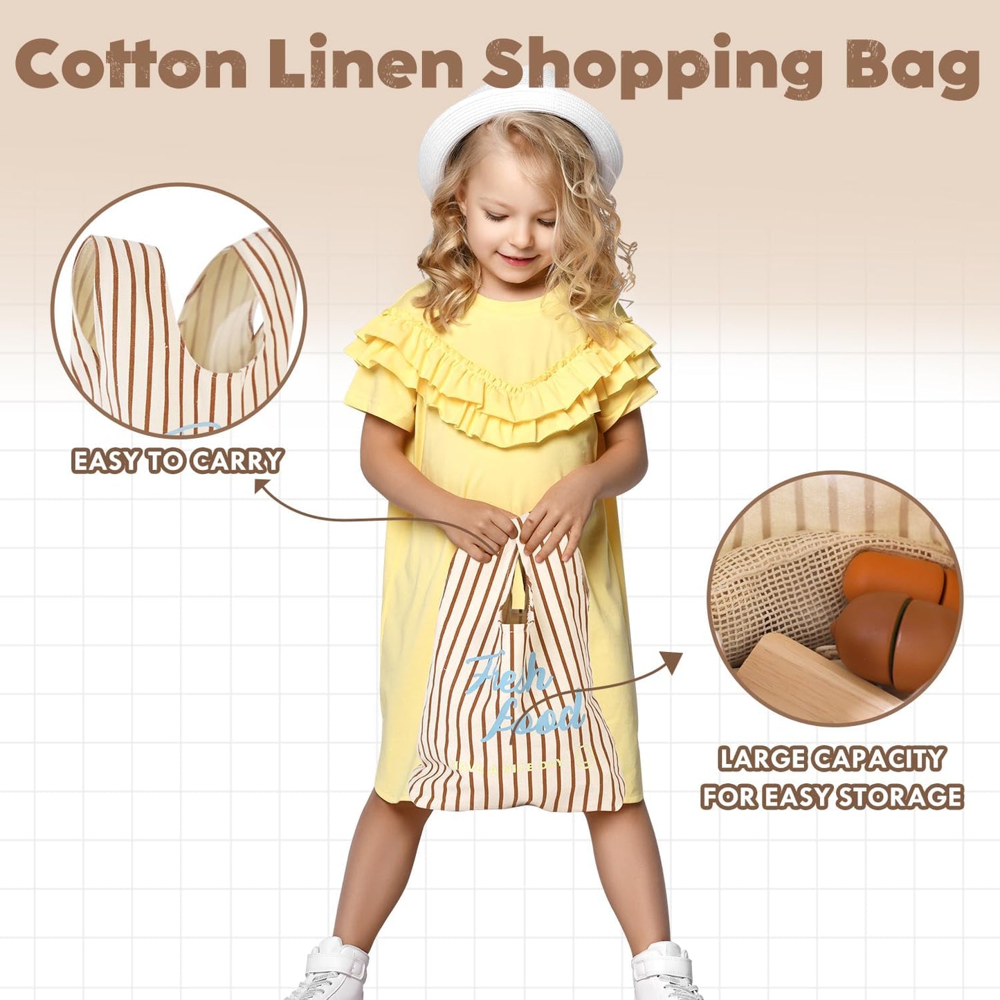 Lehoo Castle Wooden Play Food Sets for Kids Kitchen, Grocery Food Toys for Toddlers 3+ Year Old, Cutting Fruits Vegetables Meat Fish Shopping Bag, Pretend Play Kitchen Accessories Gift for Boys Girls