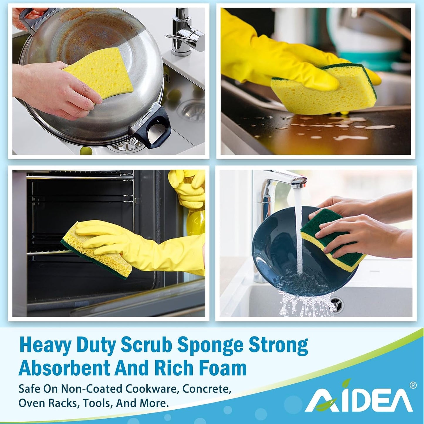 AIDEA Sponges Kitchen, Heavy Duty Scrub Sponge-24Count, Sponges for Dishes | Cellulose Dish Sponge, Scrubbing Power for Tough Messes, Cleaning Sponges for Non-Coated Cookware, Dishes, Pots, Pans