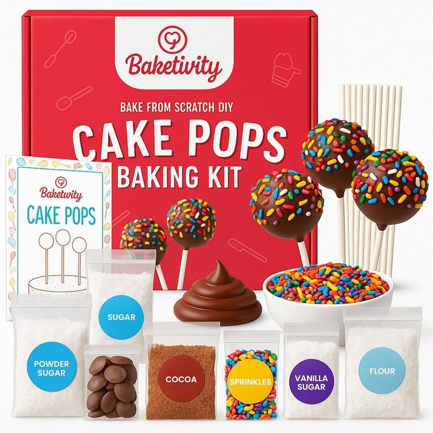Baketivity DIY Cake Pop Kids Baking Kit with Pre-Measured Ingredients | Bake 10–12 Treats with Decorating Supplies, Activity Book, and Simple Recipe Gift Idea for Boys and Girls Ages 4-12