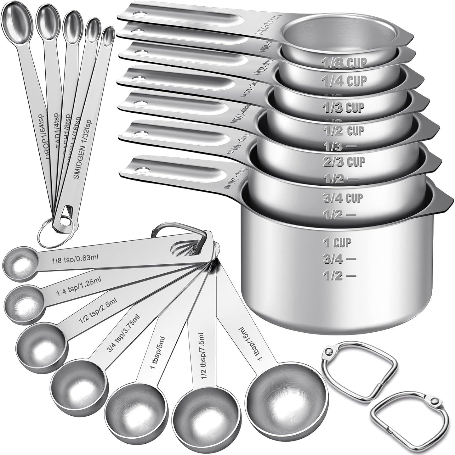 EWFEN Measuring Cups and Spoons Set, 7 Stainless Steel Nesting Measuring Cups & 7 Spoons, 5 Mini Measuring Spoons &1 Leveler, Kitchen Gadgets for Cooking & Baking, Square