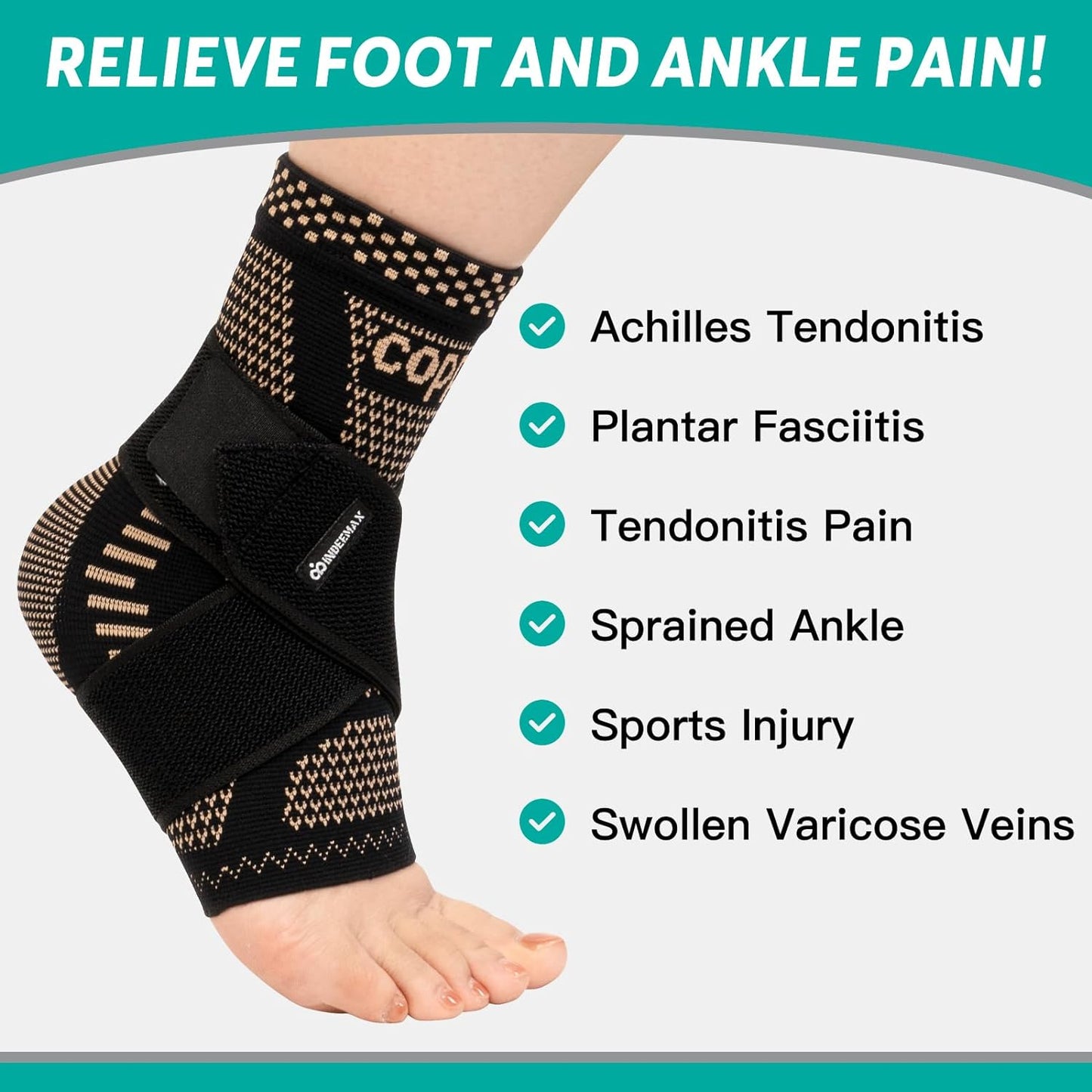 INDEEMAX Copper Infused Ankle Brace for Women and Men, Ankle Compression Sleeve Support
